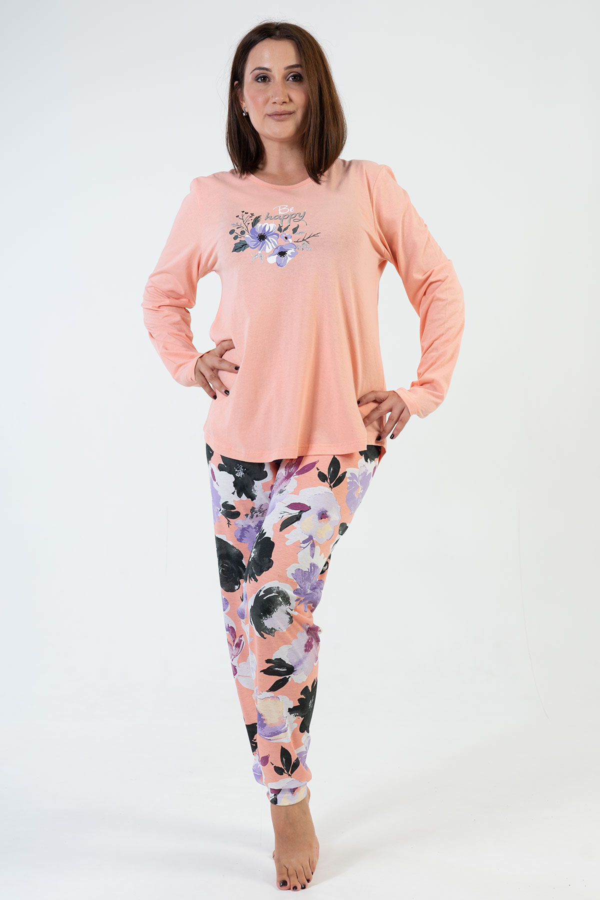  Kadın Büyük Beden O Yaka Uzun Kol Çiçekli Pijama Takım