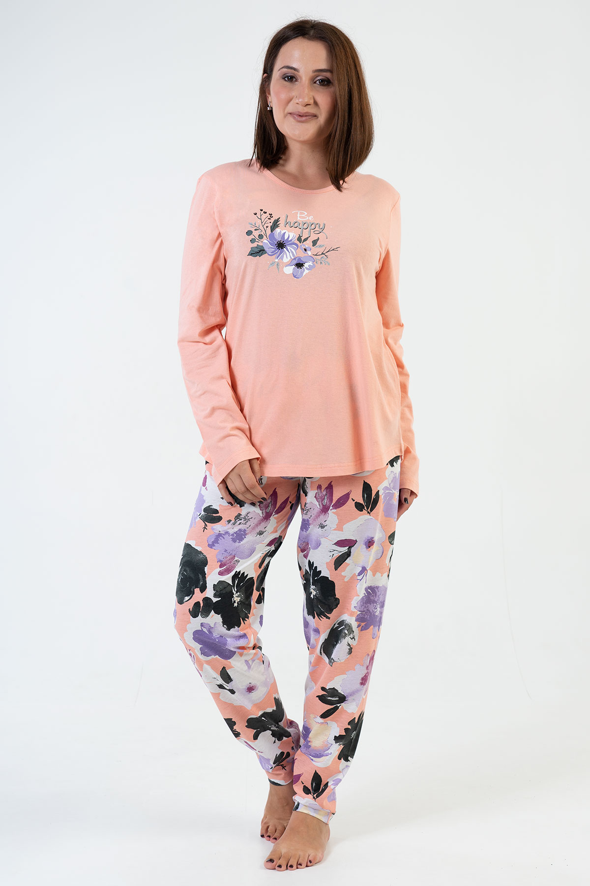  Kadın Büyük Beden O Yaka Uzun Kol Çiçekli Pijama Takım