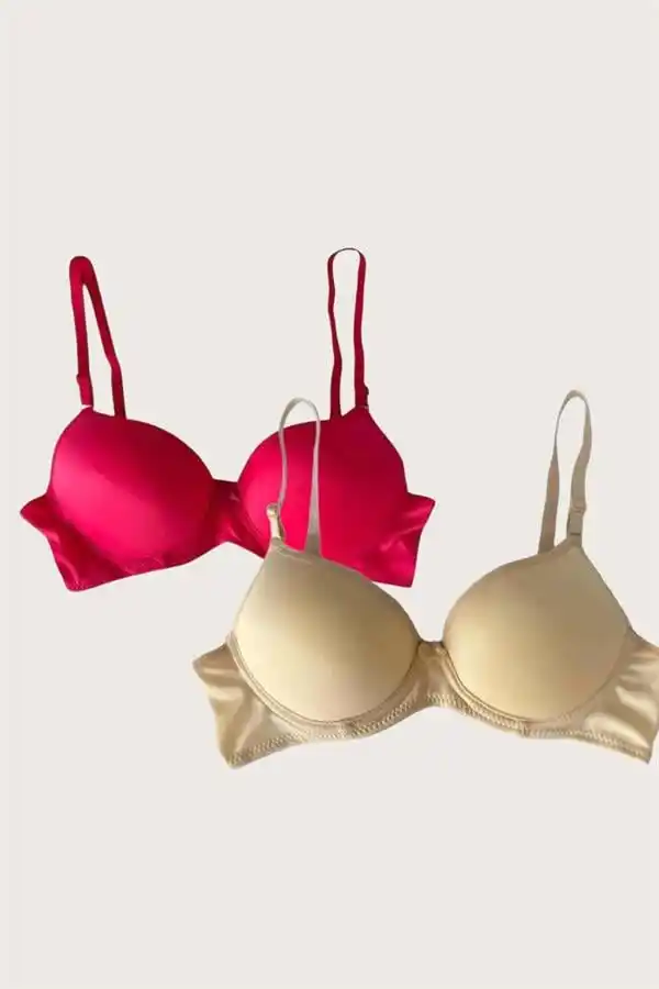 2 li Askılı Mikro Kumaş Push Up Dolgulu Balenli Günlük Destekli Sütyen Seti Ten Kırmızı
