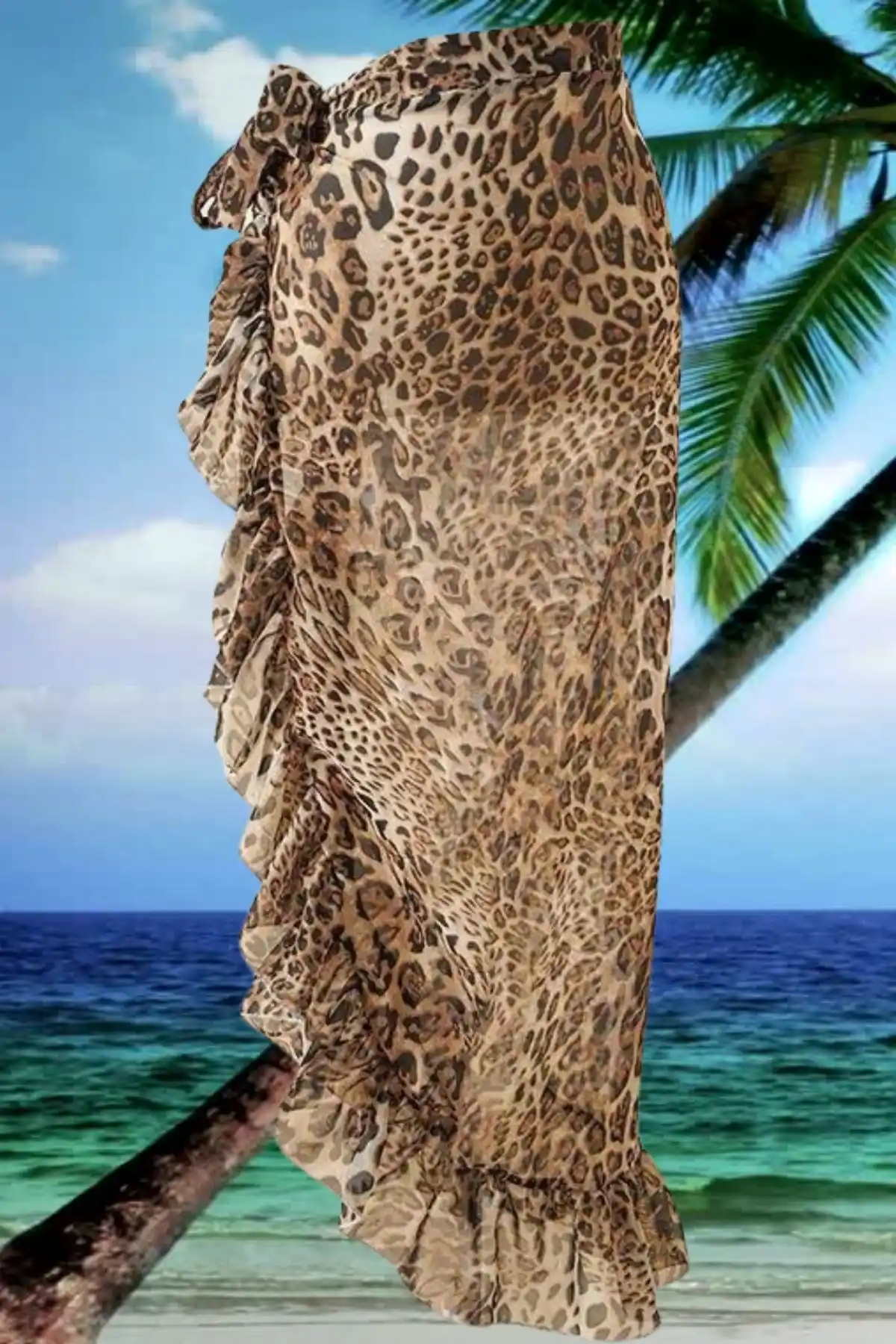 Yanları Fırfırlı Leopar Uzun Plaj Pareosu
