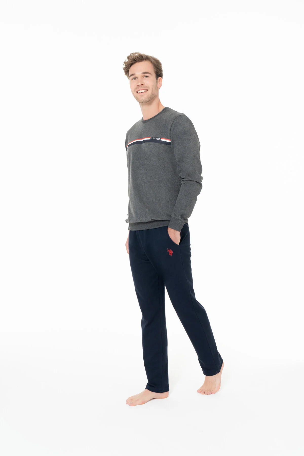 Antrasit Melanj Lacivert Pamuklu Erkek Bisiklet Yaka Uzun Kollu Şerit Detaylı Battal Pijama Takımı U.S. Polo Assn. 