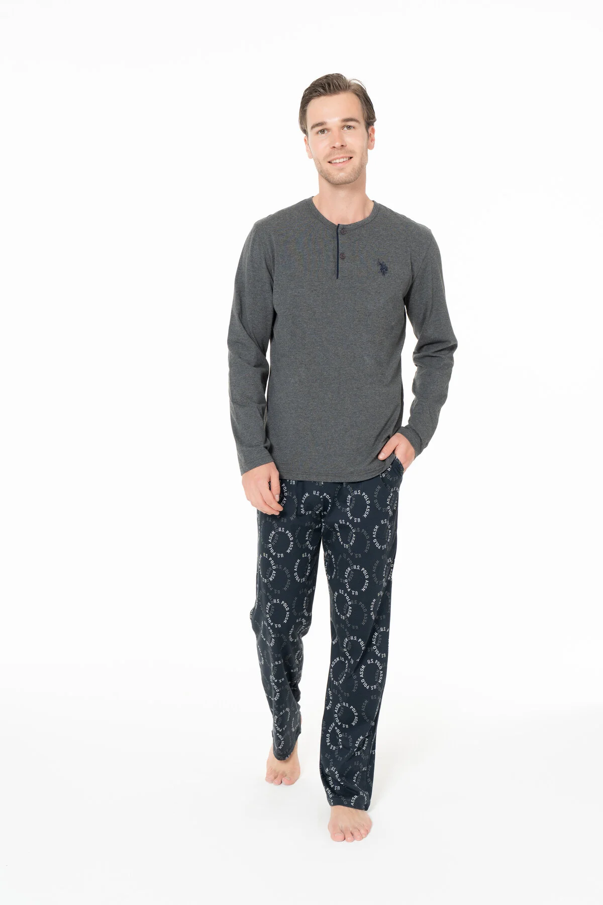 Antrasit Melanj Pamuklu Erkek Uzun Kollu Düğmeli Yaka Desenli Pijama Takımı U.S. Polo Assn.