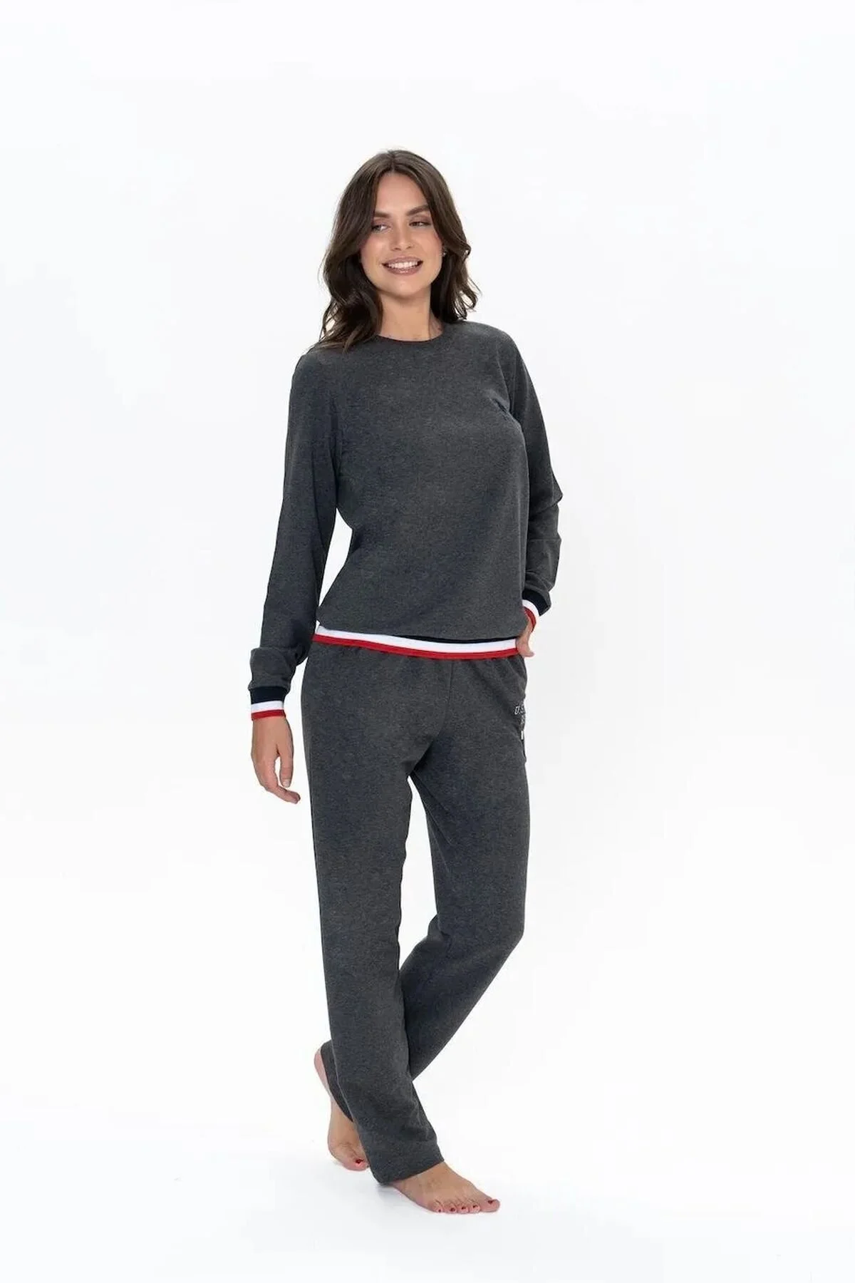 Antrasit Melanj Pamuklu Kadın Uzun Kollu Yuvarlak Yaka Şerit Detaylı Pijama Takımı U.S. Polo Assn.