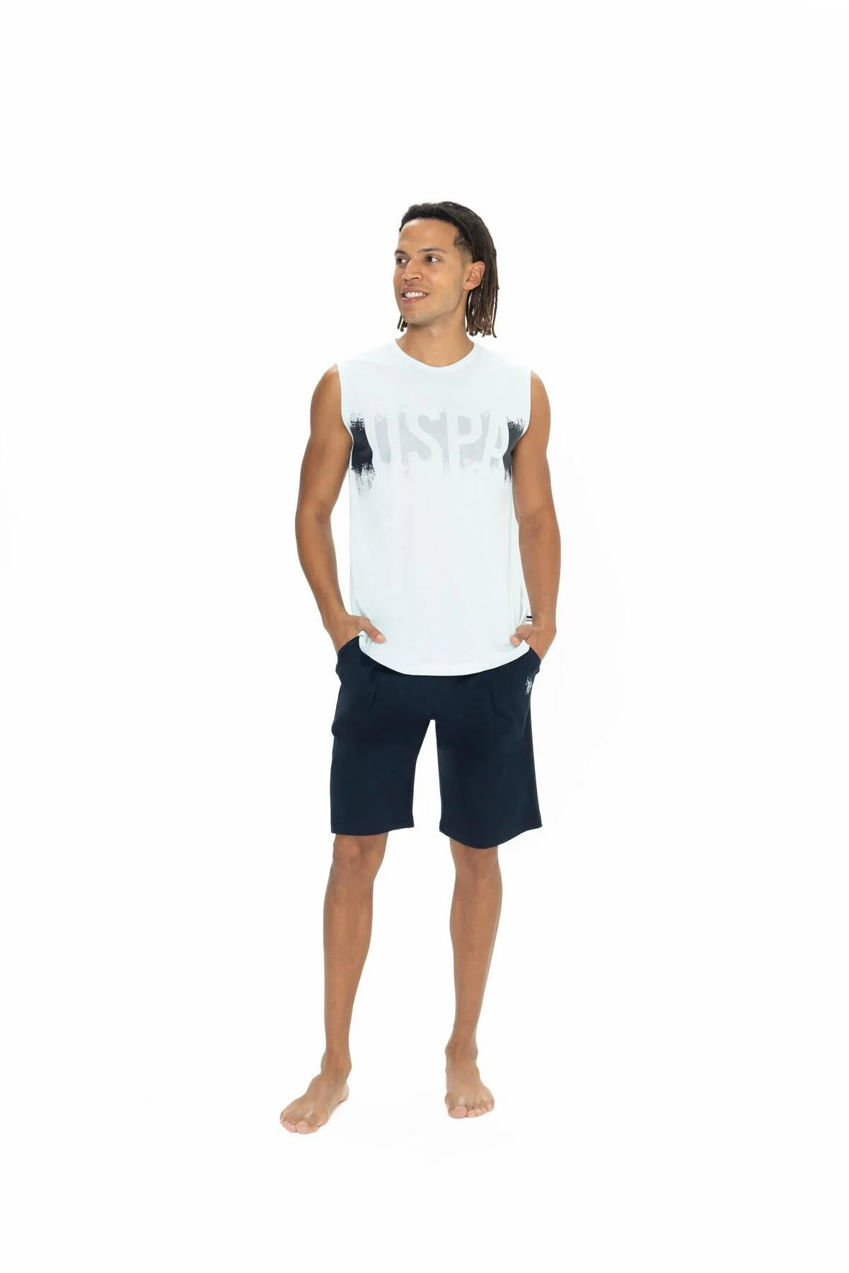 Beyaz Lacivert Pamuklu Baskılı Bisiklet Yaka Erkek Kolsuz Şort Takım U.S. Polo Assn.
