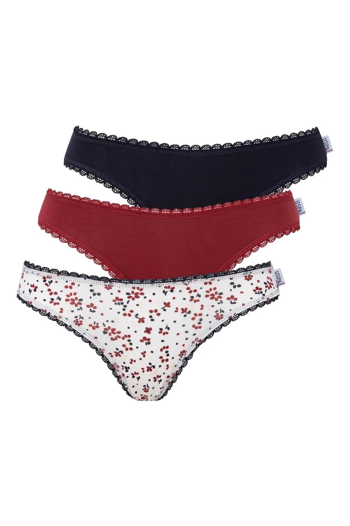 Bordo Lacivert Baskılı Pamuklu Dantel Detaylı Kadın 3’lü Slip U.S. Polo Assn.