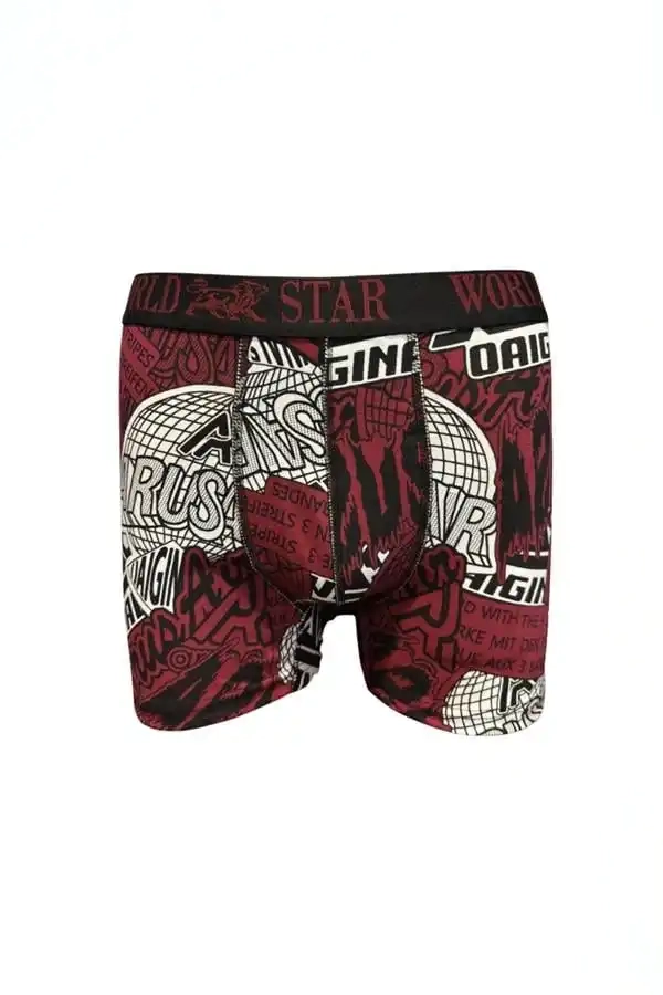 Bordo Likralı Pamuklu Desenli Erkek Boxer