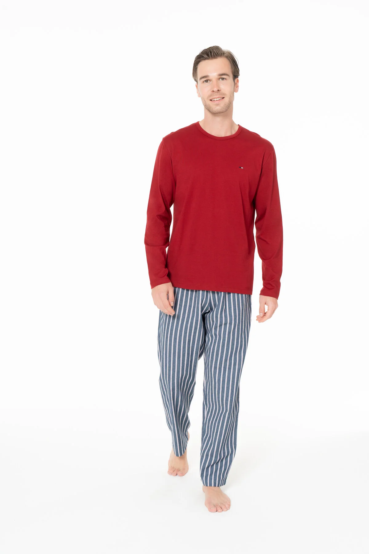 Bordo Pamuklu Erkek Uzun Kollu Bisiklet Yaka Çizgili Pijama Takımı U.S. Polo Assn.