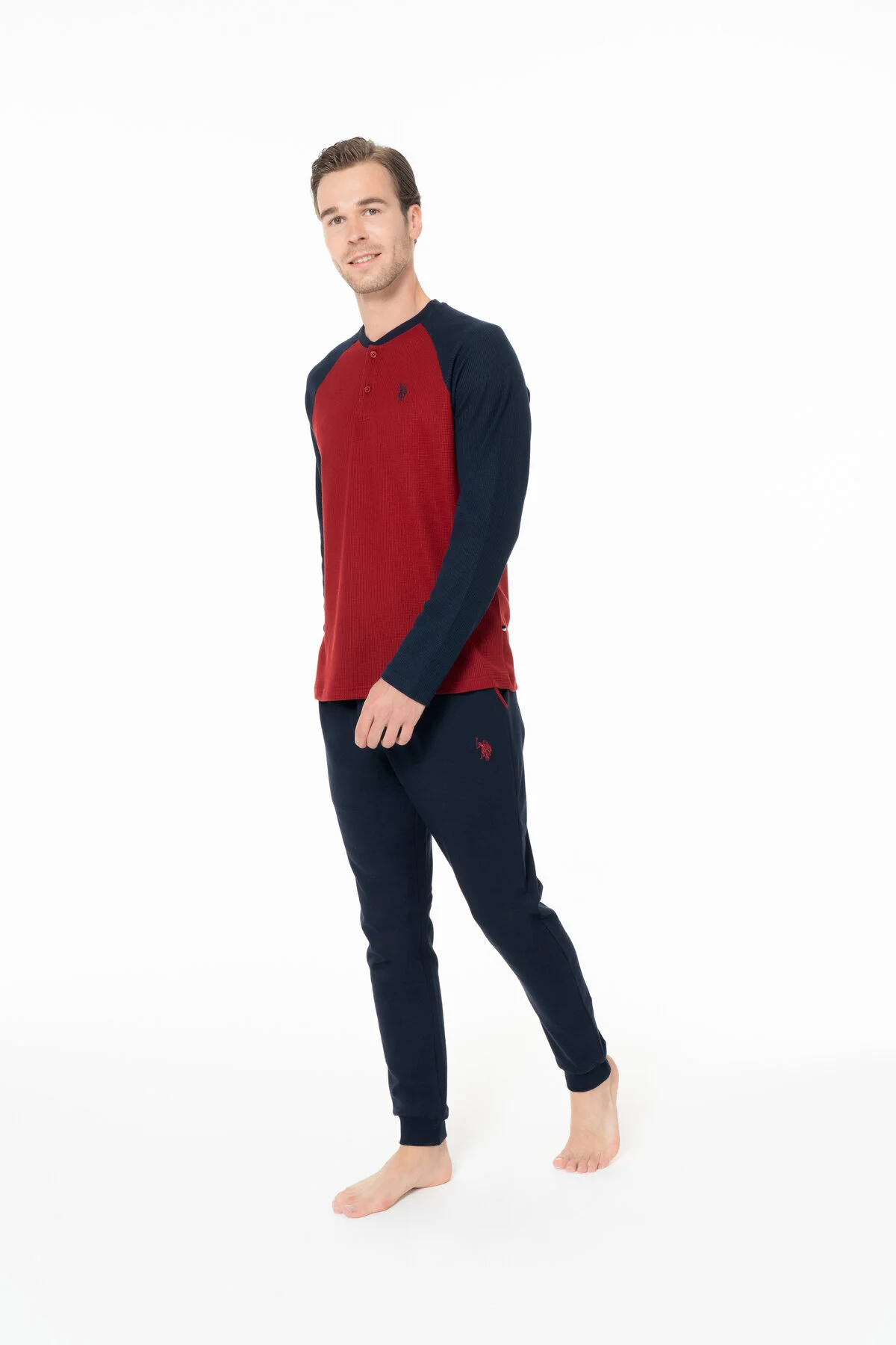 Bordo Pamuklu Erkek Uzun Kollu Patlı Yaka Battal Pijama Takımı U.S. Polo Assn. 