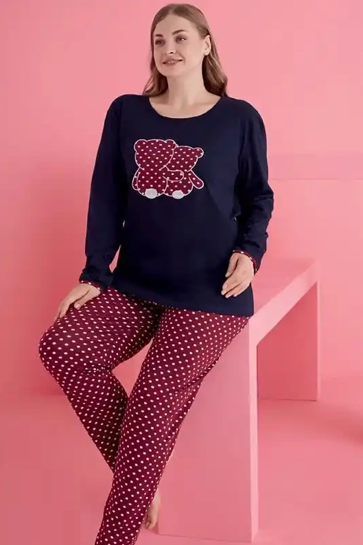 Büyük Beden Pamuklu Uzun Kollu Ayıcık Desenli Pijama Takımı