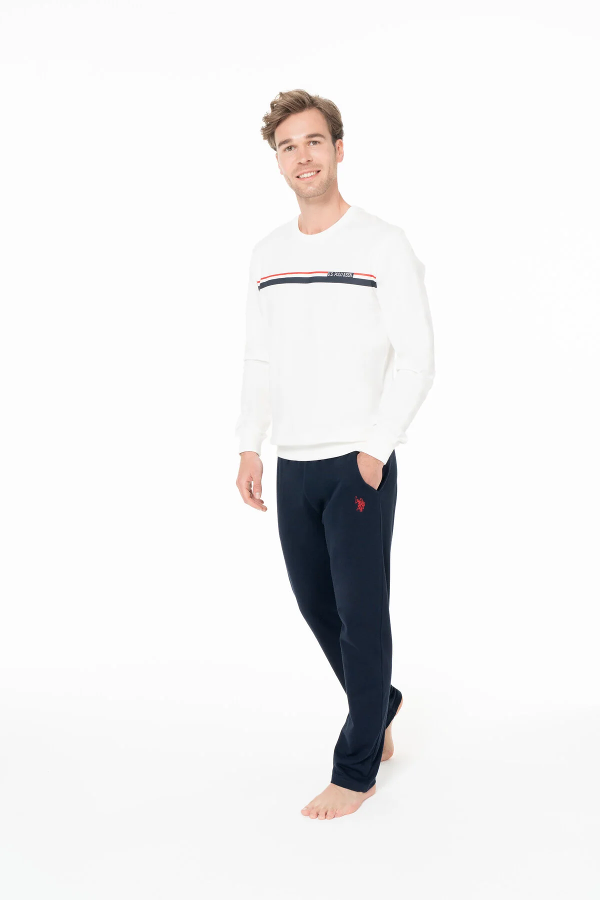 Ekru Lacivert Pamuklu Erkek Bisiklet Yaka Uzun Kollu Şerit Detaylı Pijama Takımı U.S. Polo Assn. 