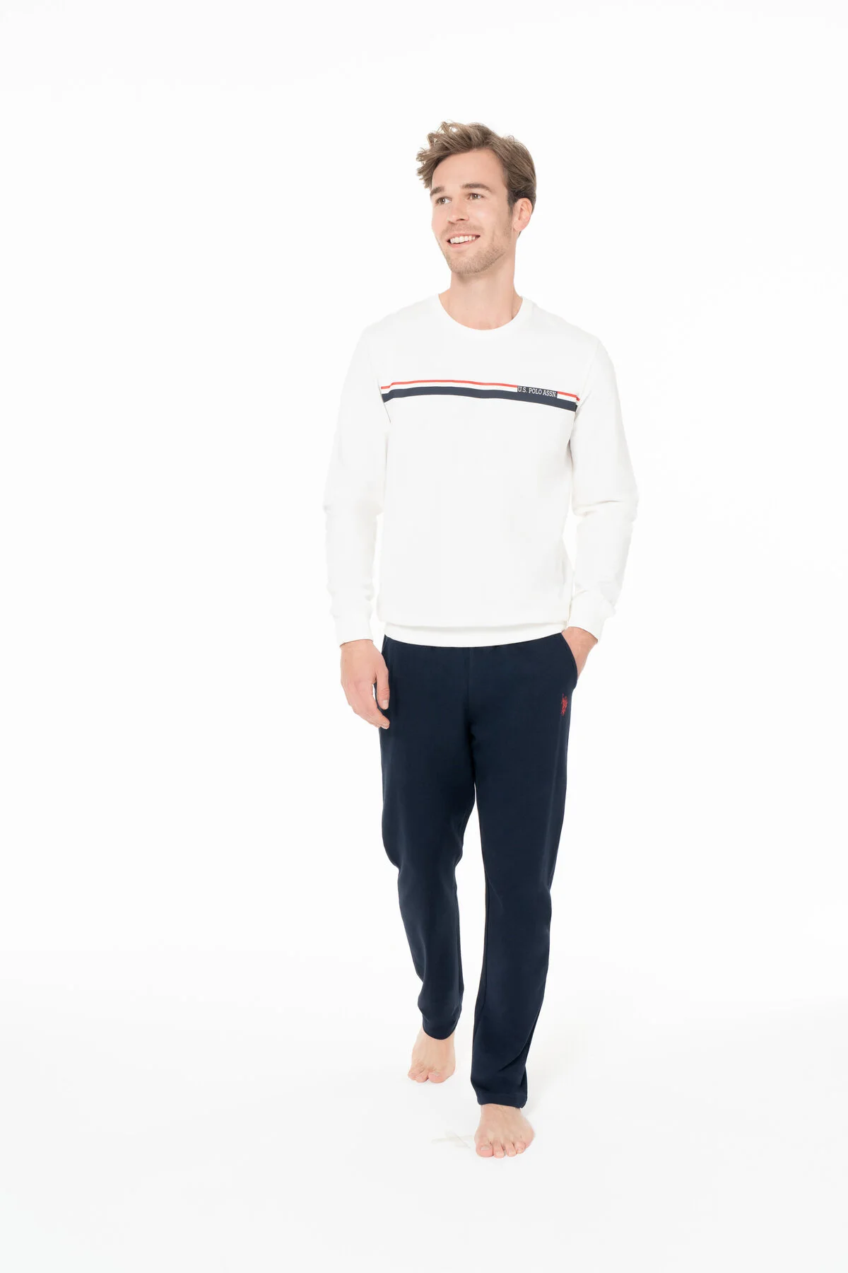 Ekru Lacivert Pamuklu Erkek Bisiklet Yaka Uzun Kollu Şerit Detaylı Pijama Takımı U.S. Polo Assn. 