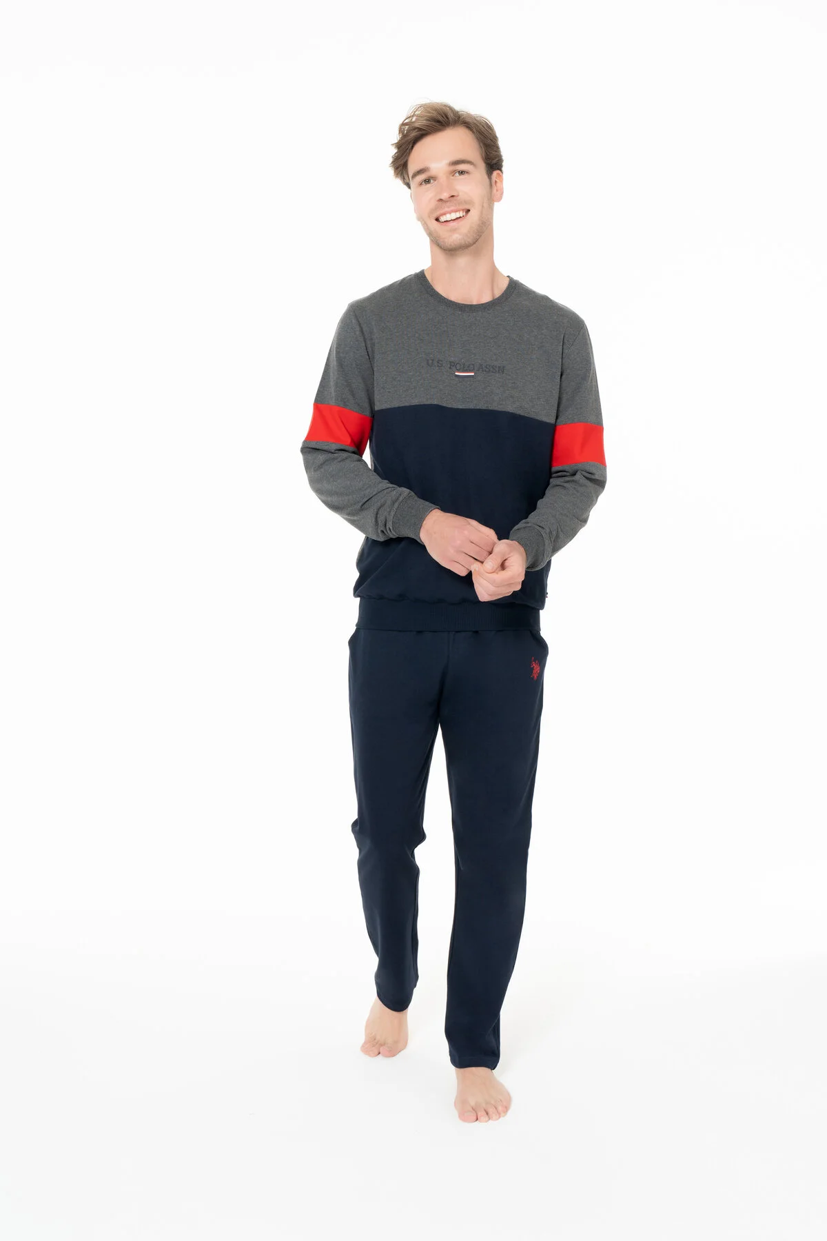 Antrasit Melanj Pamuk Şerit Detaylı Erkek Pijama Takımı U.S. Polo Assn.