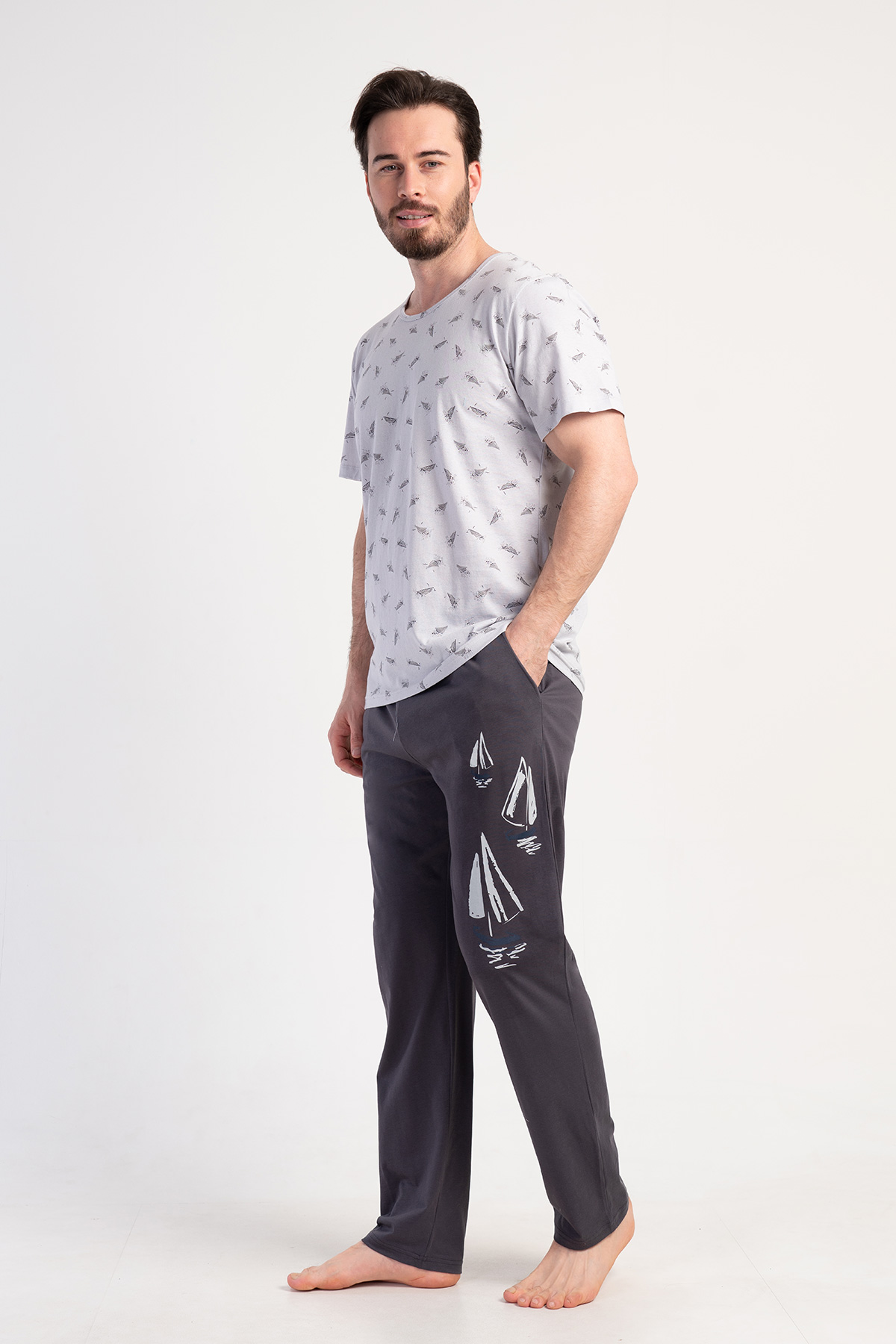 Erkek Büyük Beden O Yaka Kısa Kol Cepli Pijama Takım