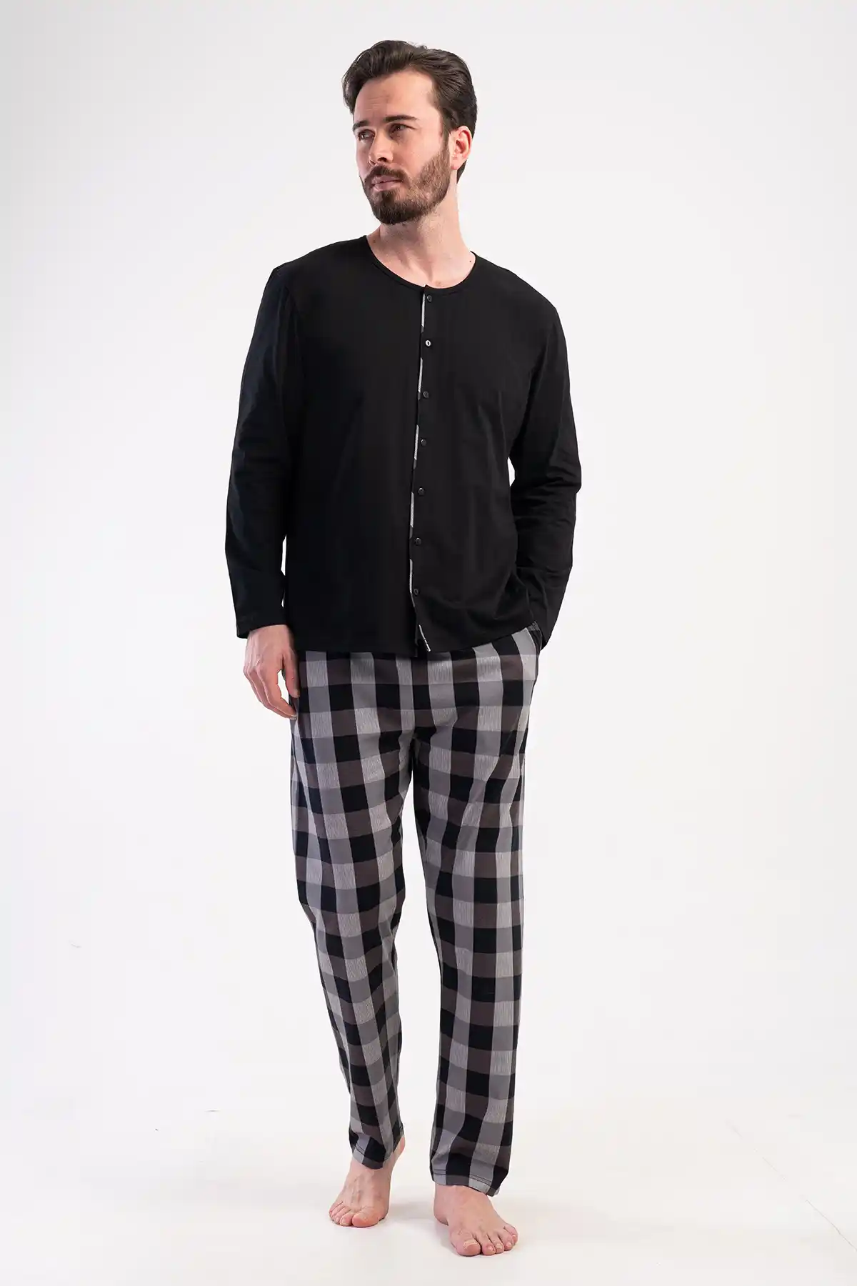 Erkek Büyük Beden Süprem Siyah Gri Ekoseli Uzun Kollu Düğmeli Pijama Takımı