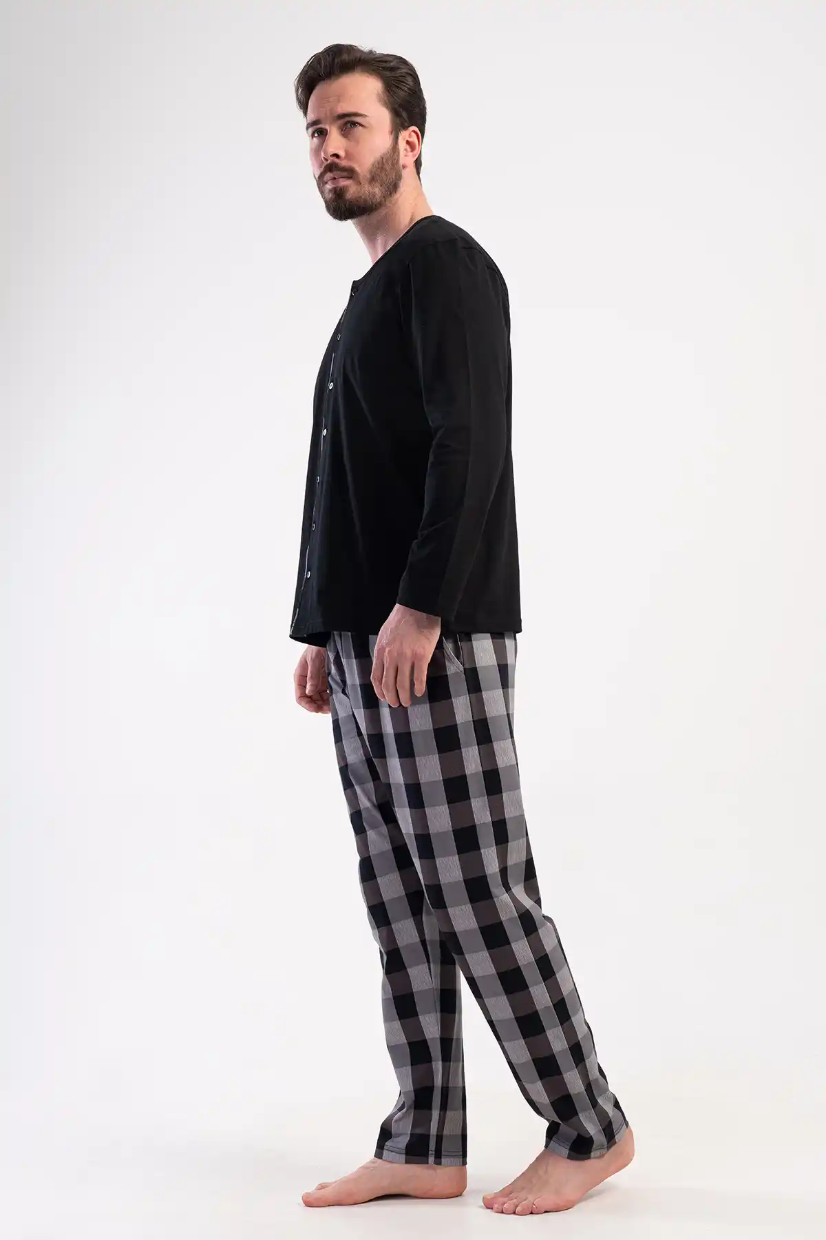 Erkek Büyük Beden Süprem Siyah Gri Ekoseli Uzun Kollu Düğmeli Pijama Takımı