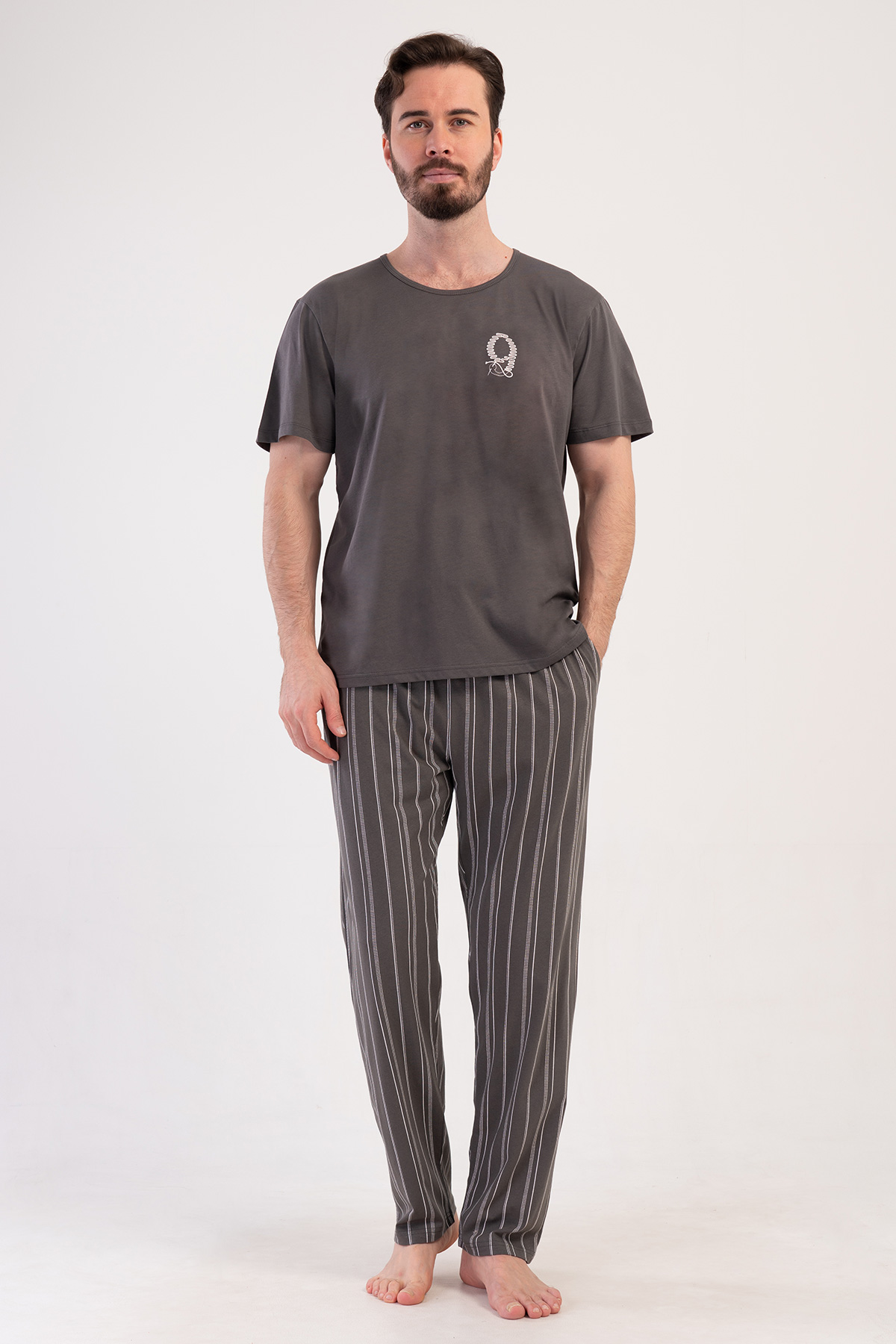 Erkek Füme Suprem O Yaka Kısa Kol Pijama Takımı
