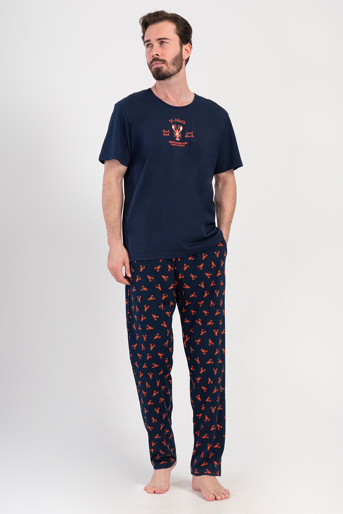 Erkek Lacivert Suprem O Yaka Kısa Kol Cepli Pijama Takım