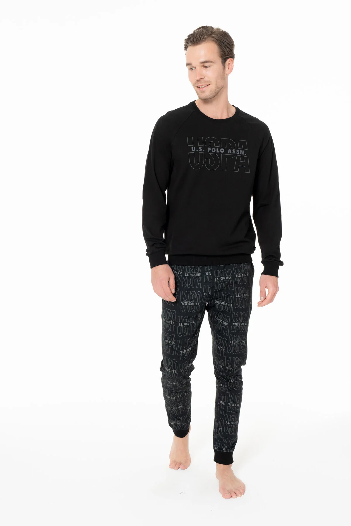 Siyah Pamuk Logo Desenli Erkek Pijama Takımı U.S. Polo Assn.