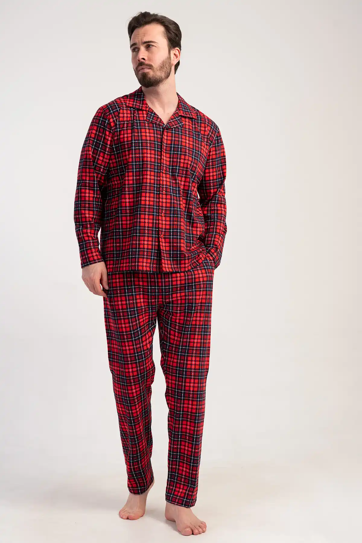 Erkek Süprem Gömlek Yaka Düğmeli Uzun Kollu Pijama Takımı