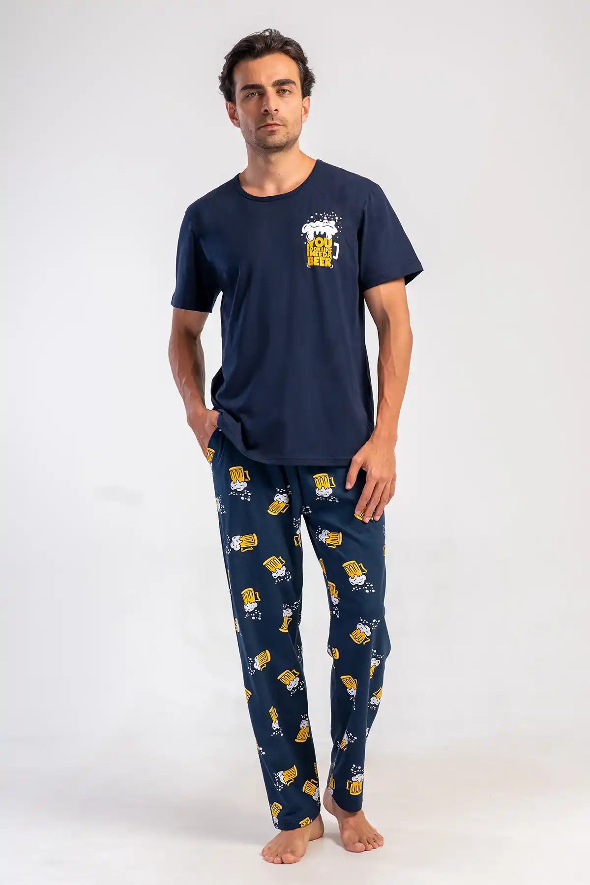 Erkek Süprem Lacivert Desenli Kısa Kollu Pijama Takımı 