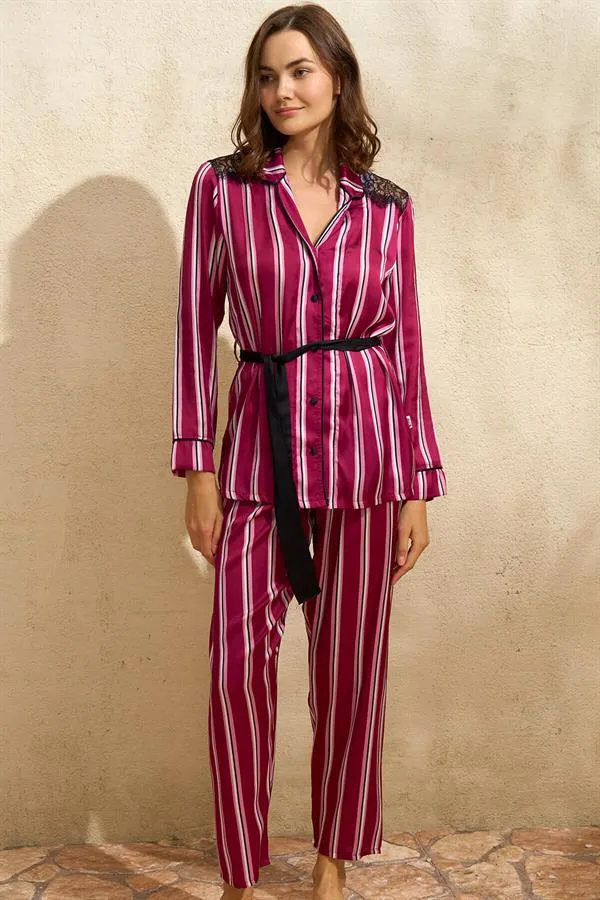 Fuşya Saten Çizgili Dantelli Uzun Kollu Gömlek ve Pantolon Pijama Takımı