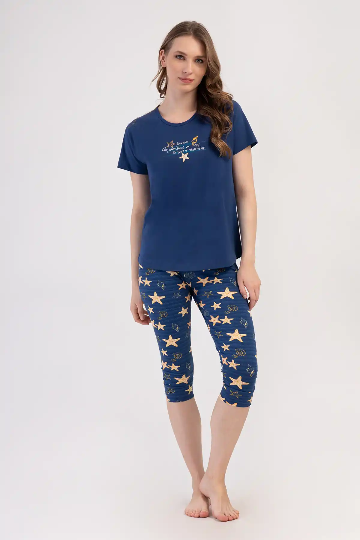 Kadın  Lacivert Sarı Yıldızlı Kısa Kollu Kapri Pijama Takımı