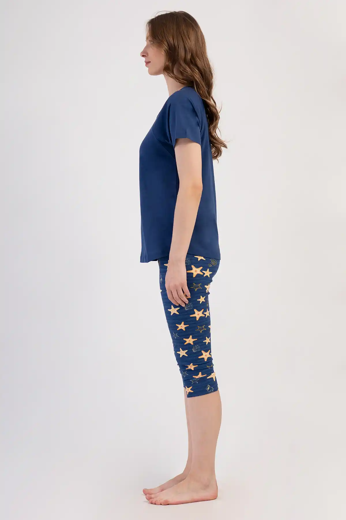 Kadın  Lacivert Sarı Yıldızlı Kısa Kollu Kapri Pijama Takımı