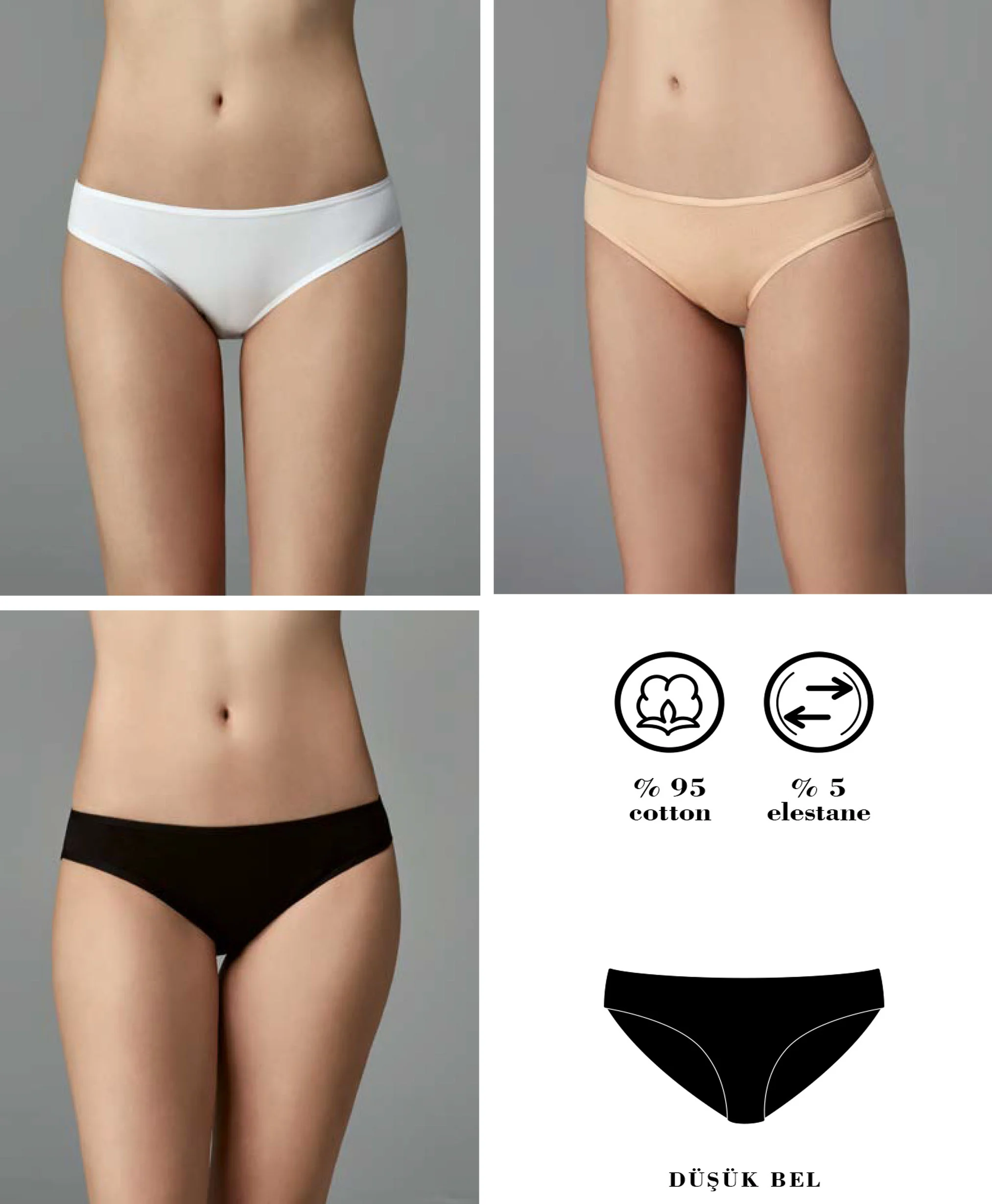 Kadın Beyaz Ten Siyah 5'li Düşük Bel Slip Külot