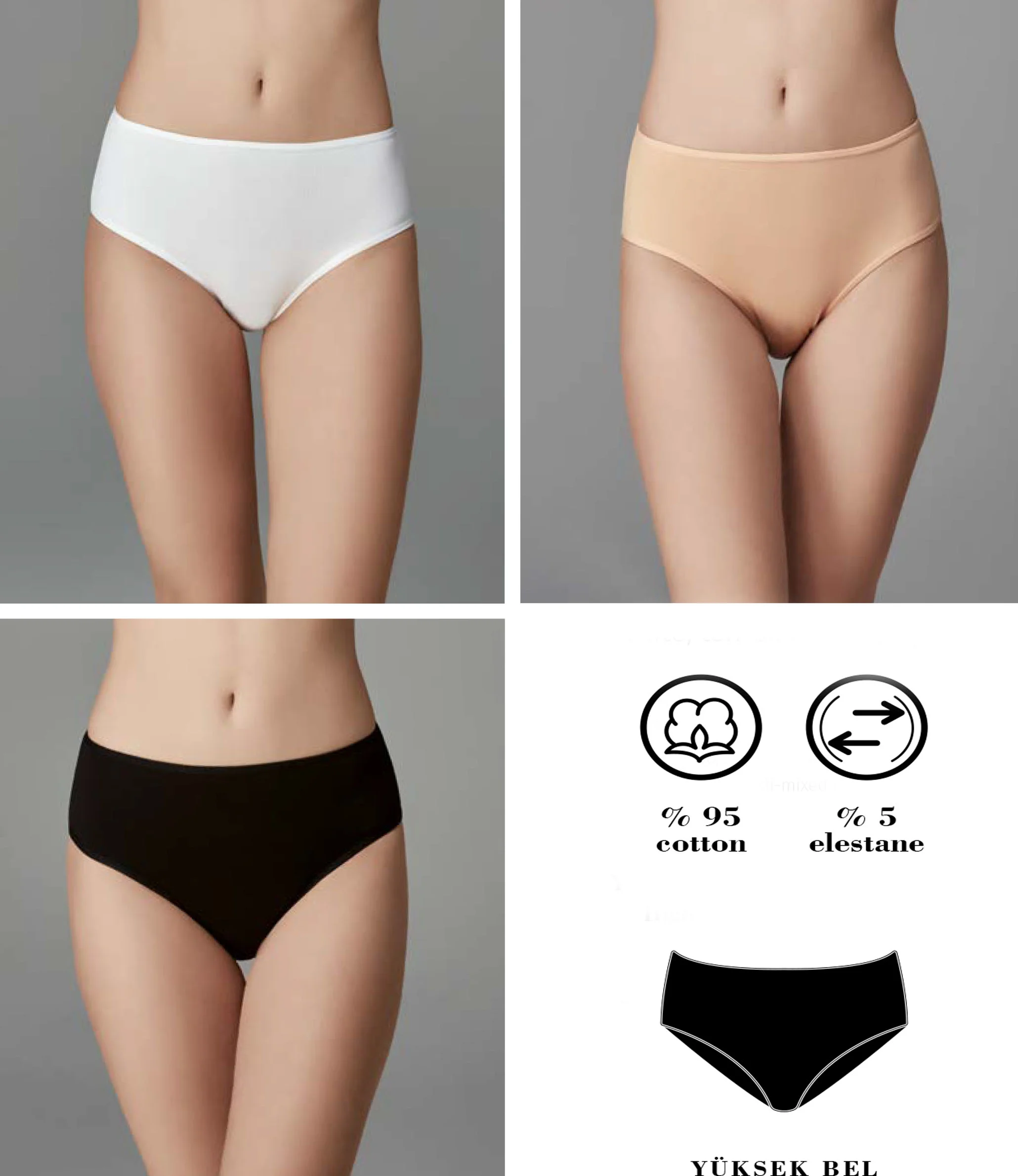 Kadın Beyaz Ten Siyah 5'li Yüksek Bel Slip Külot