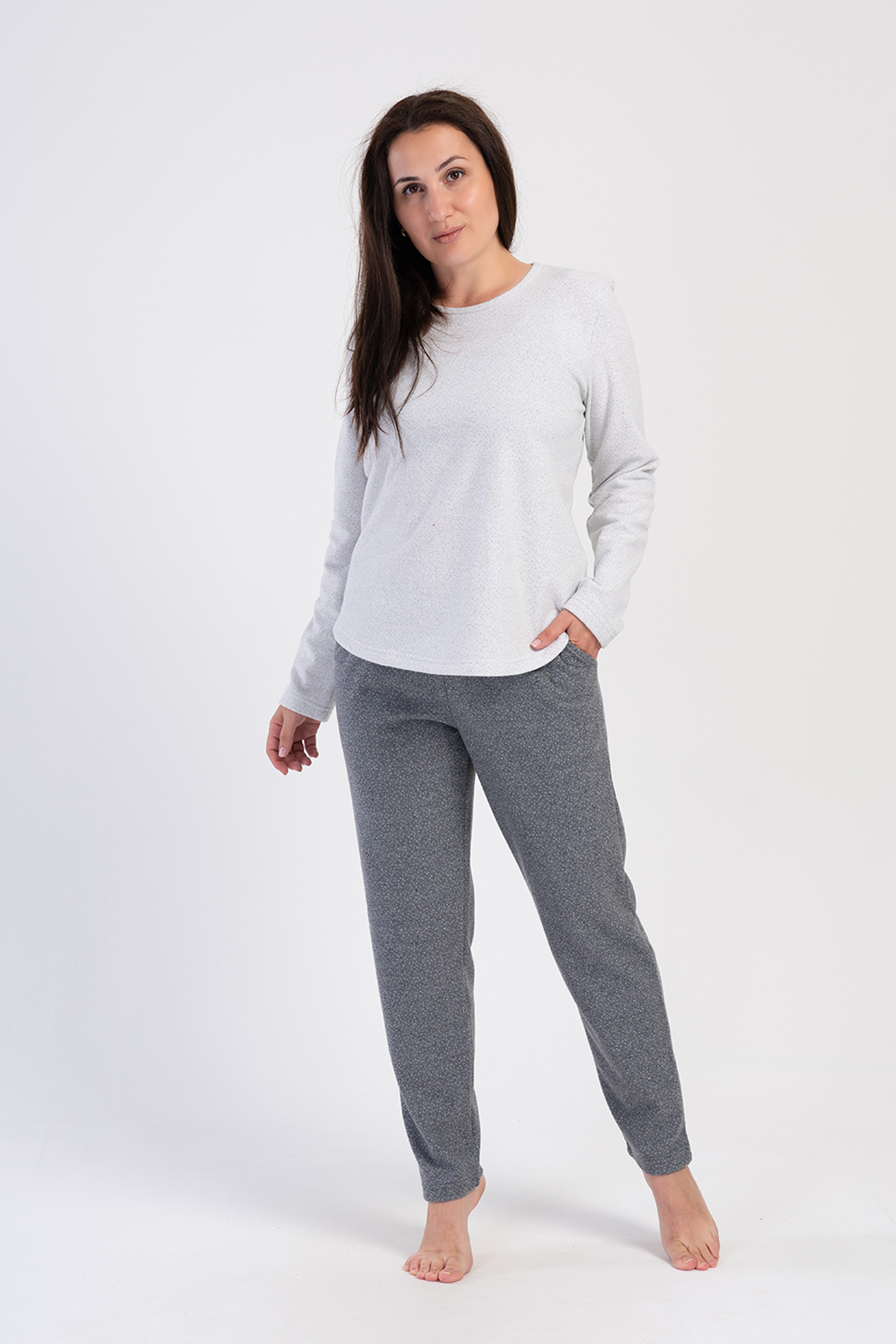 Kadın Büyük Beden Beyaz Füme Kayık Yaka Uzun Kol Cepli Pijama Takım