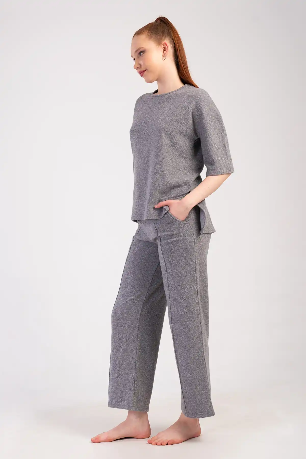 Kadın Büyük Beden Jakarlı Nervurlu Kısa Kollu Cepli Pijama Takım