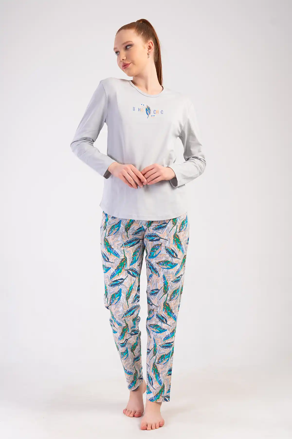 Kadın Büyük Beden Süprem Gri Desenli Uzun Kollu Pijama Takımı