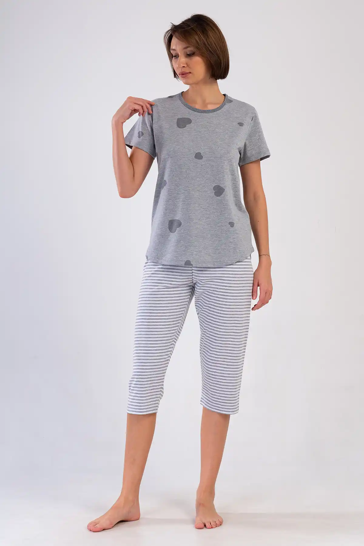 Kadın Büyük Beden Süprem Melanj Gri Desenli Çizgili Kapri Pijama Takım