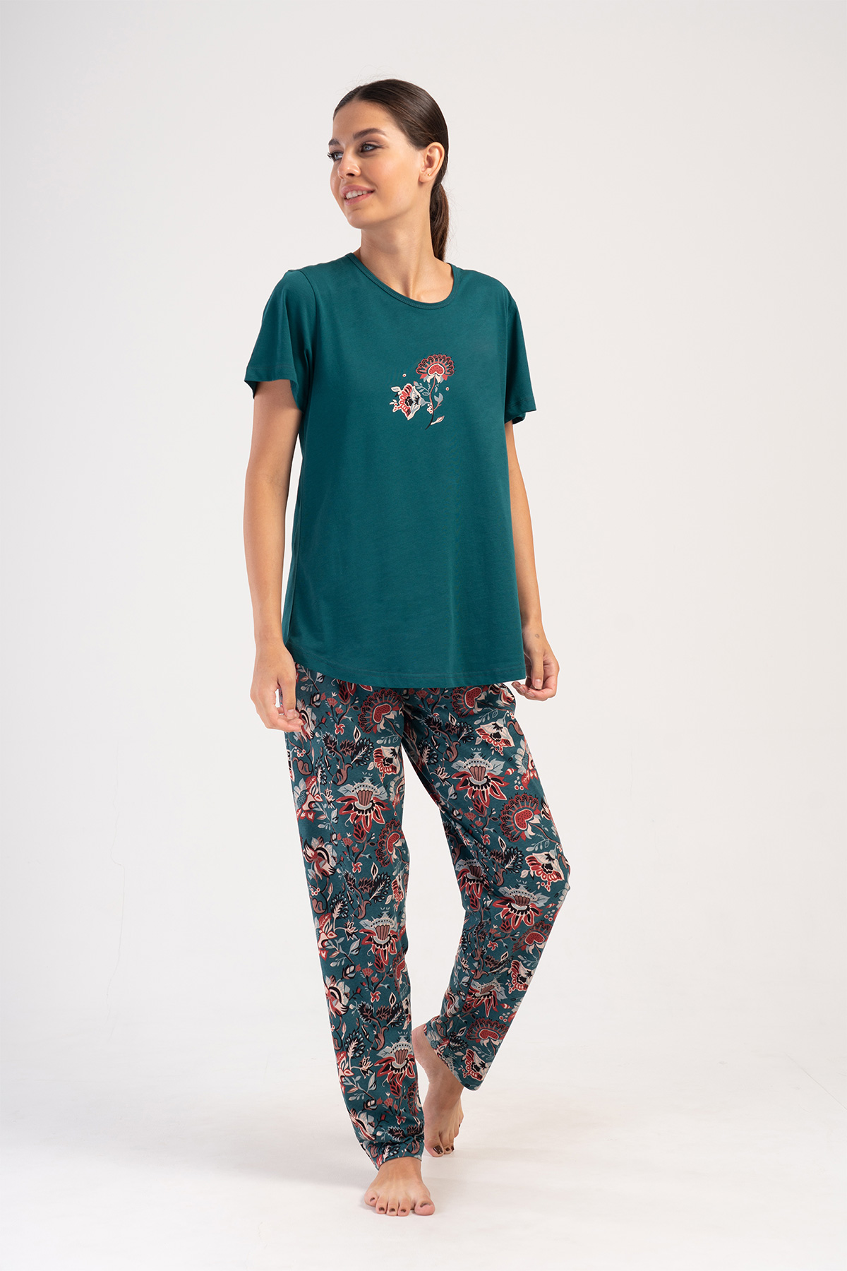 Kadın Büyük Beden Suprem O Yaka Kısa Kol Desenli Pijama Takım
