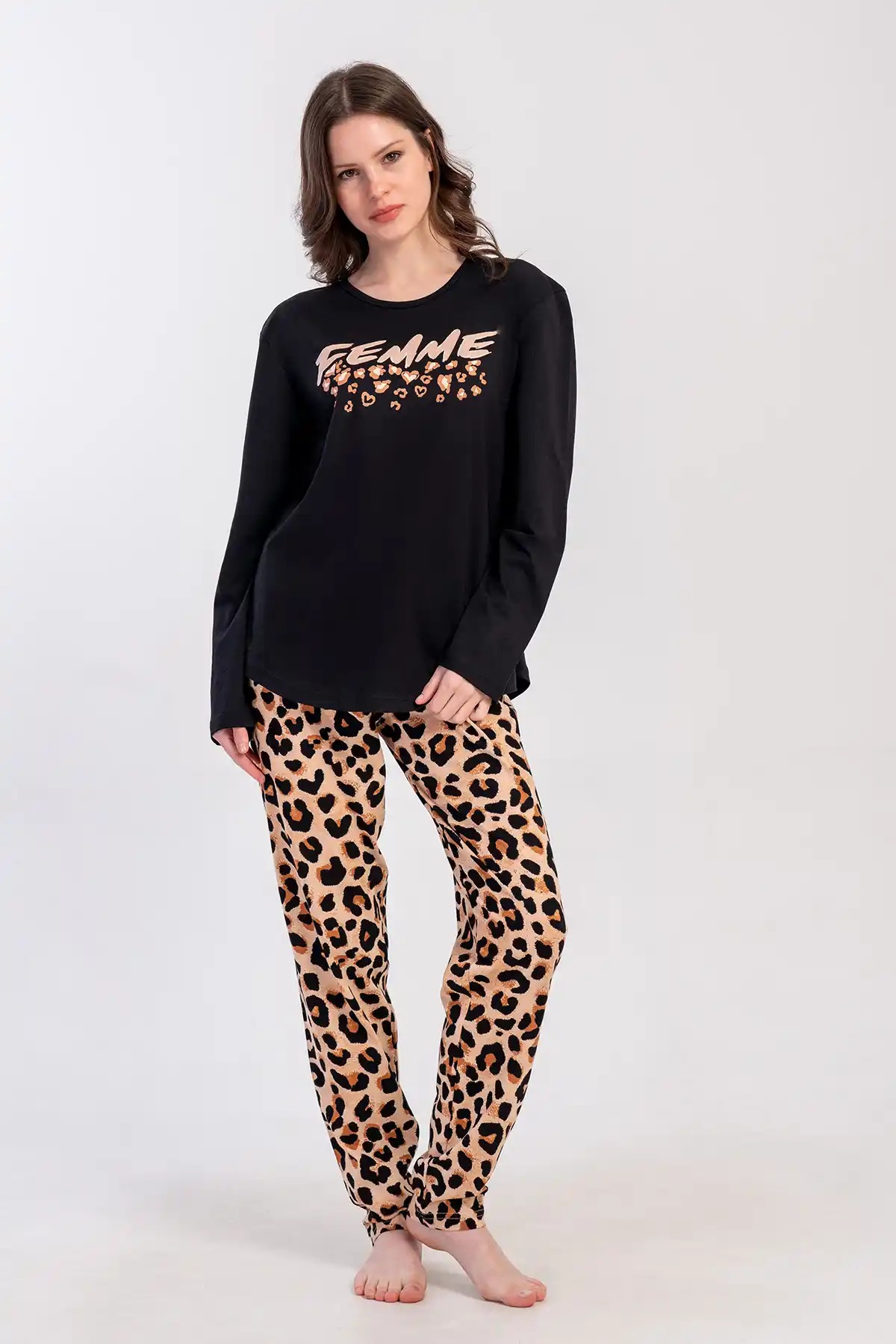Kadın Büyük Beden Süprem Siyah Leopar Uzun Kollu Pijama Takımı