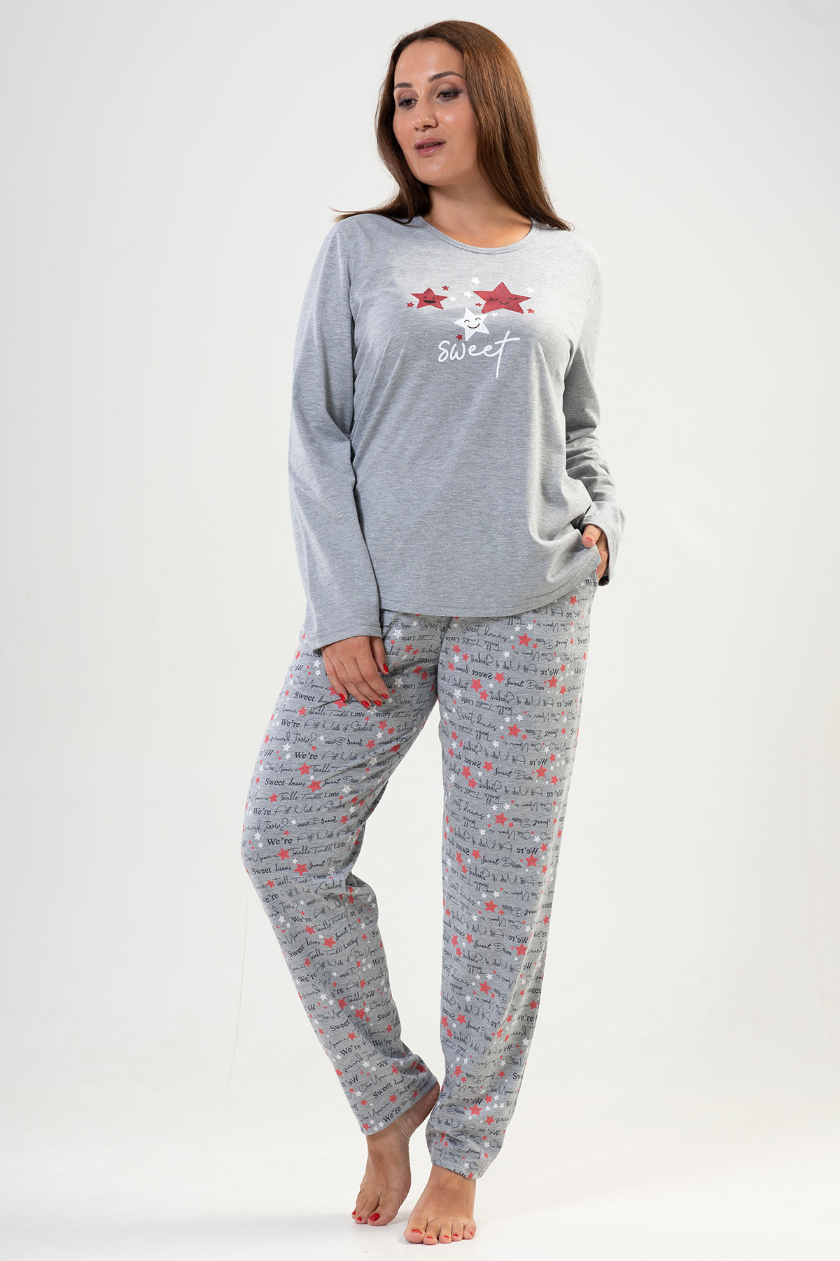 Kadın Gri Büyük Beden O Yaka Uzun Kol Cepli Desenli Pijama Takım