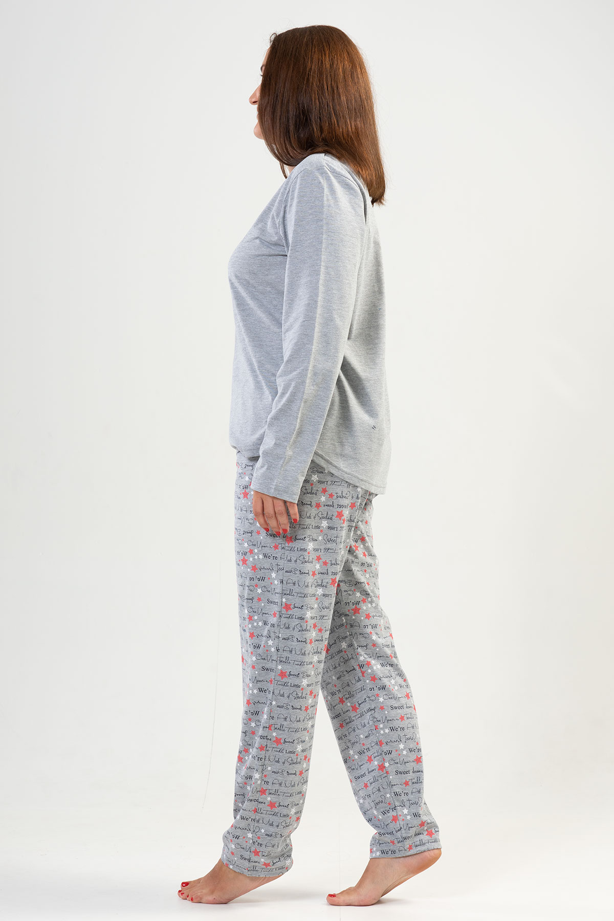 Kadın Gri Büyük Beden O Yaka Uzun Kol Cepli Desenli Pijama Takım