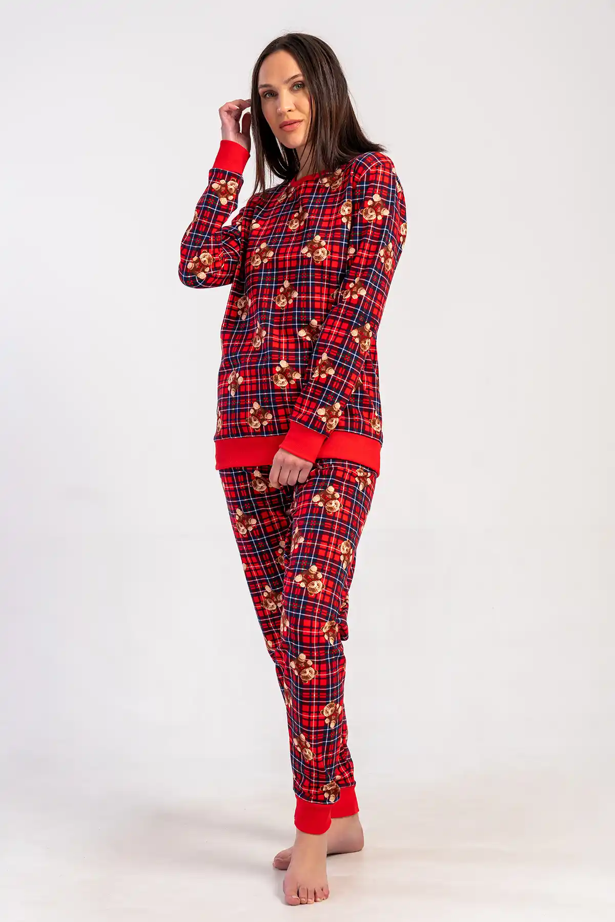 Kadın İki İplik Kırmızı Ayıcık Desenli Manşetli Uzun Kollu Pijama Takım
