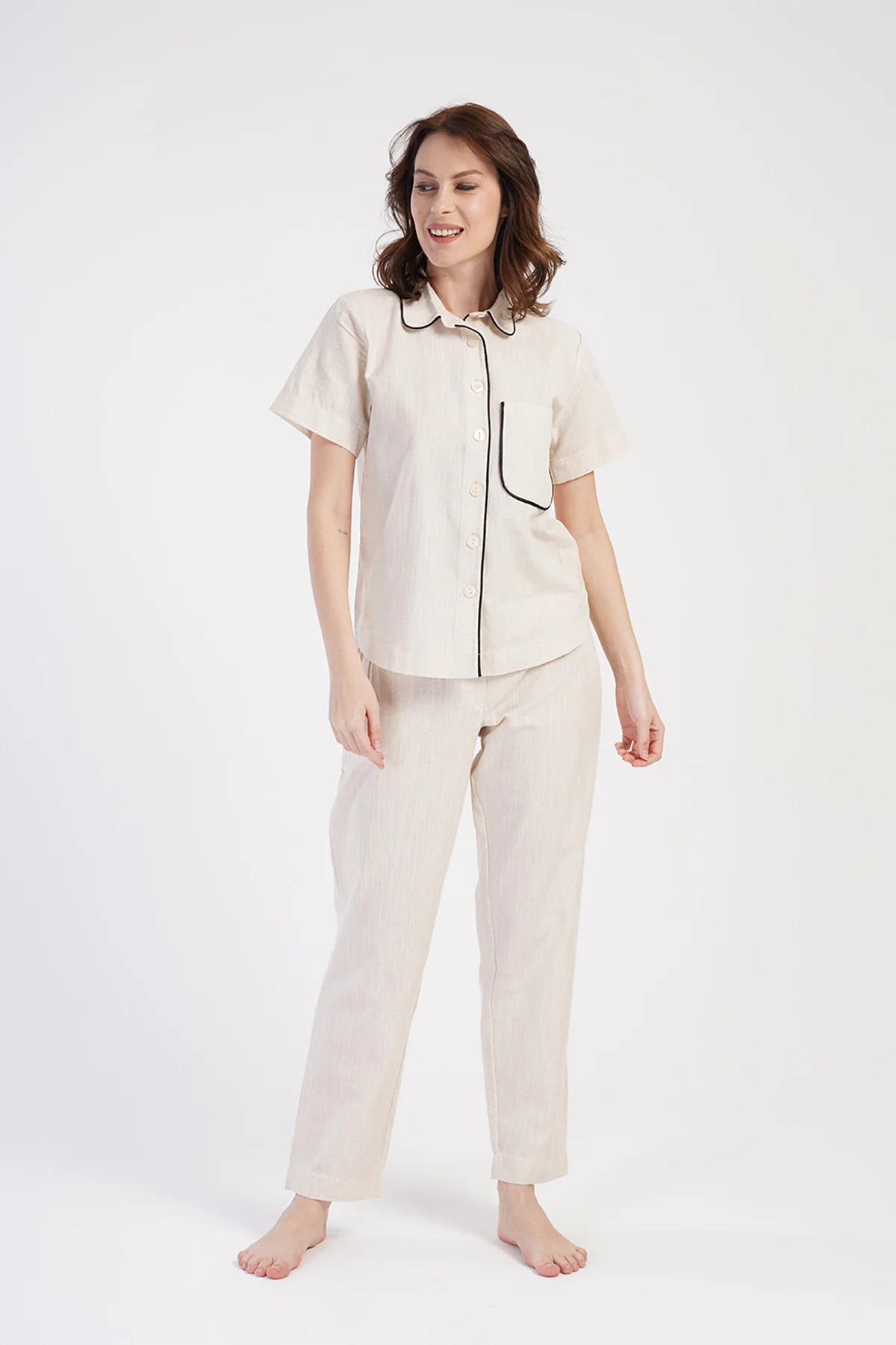 Kadın Keten Gömlek Yaka Düğmeli Kısa Kol Cepli Pijama Takım