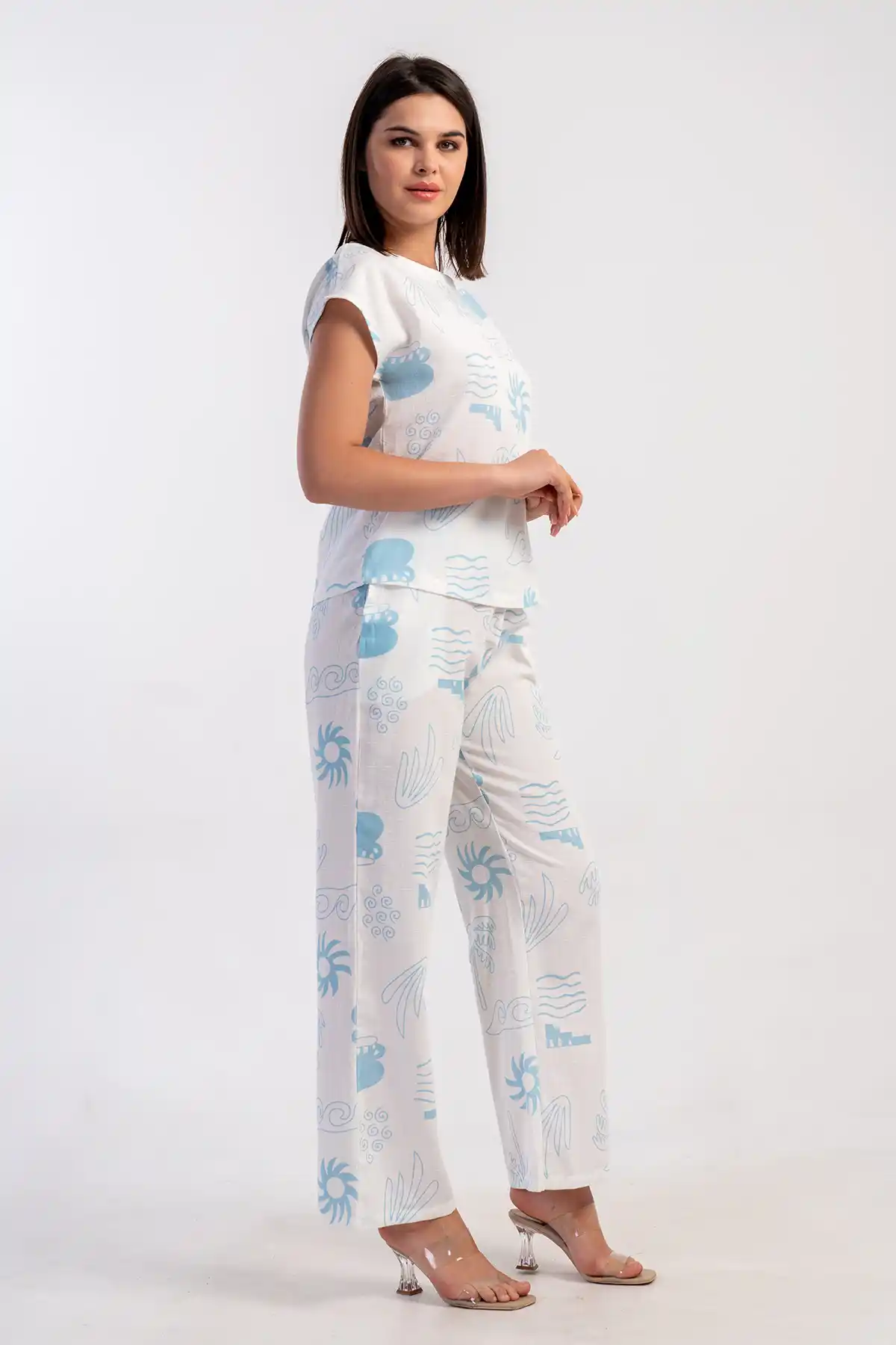 Kadın Kıbrıs Keten Beyaz Desenli Kayık Kaya Cepli Pijama Takım