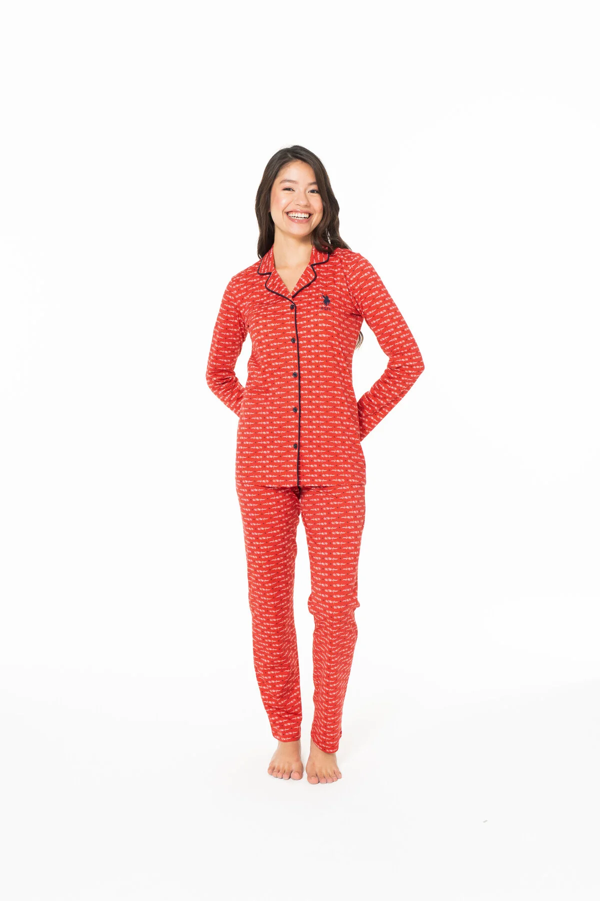 Kadın Kırmızı Düğmeli Desenli Pijama Takım U.S. Polo Assn. 