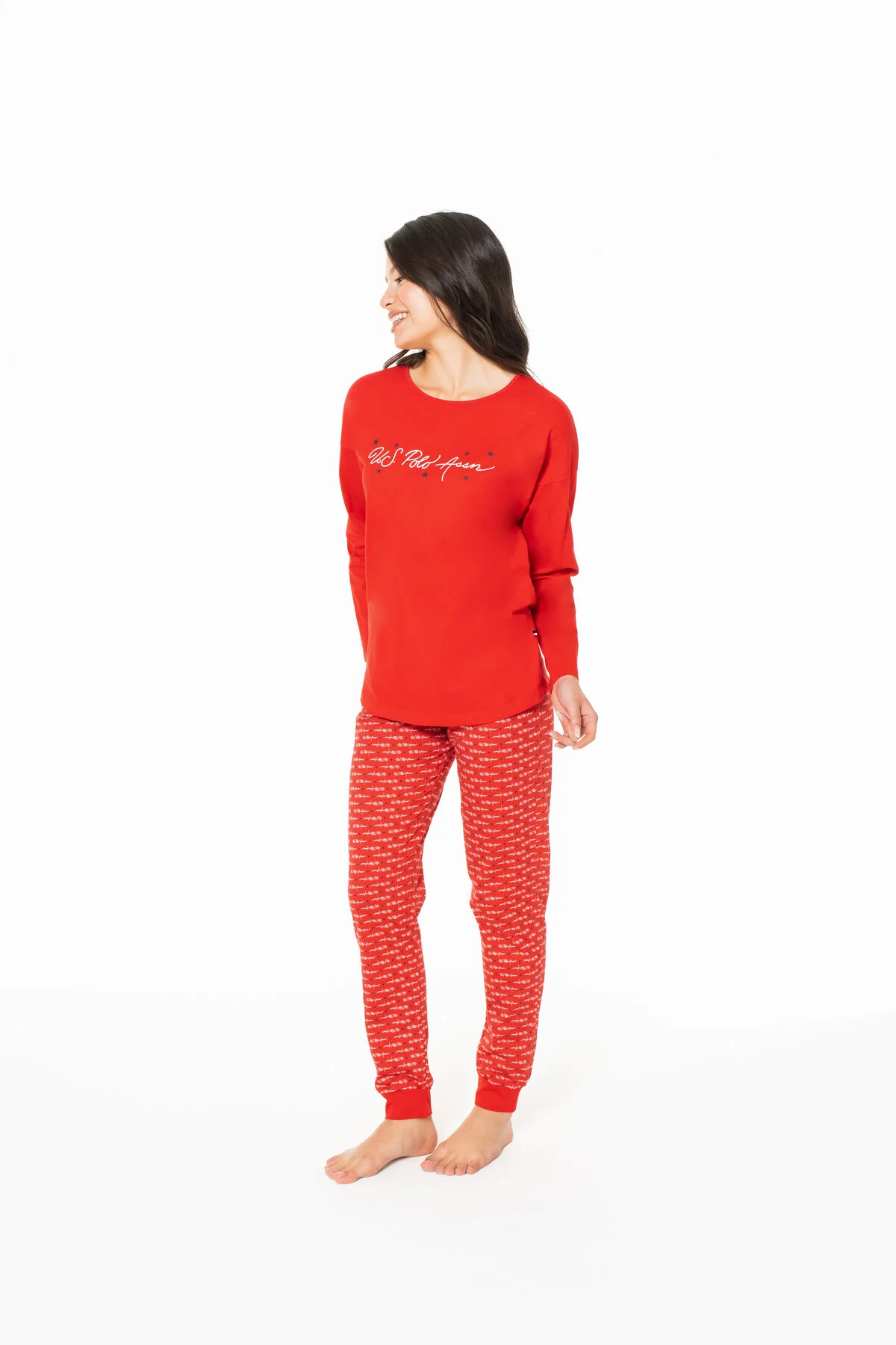 Kırmızı Pamuk Baskılı Kadın Pijama Takımı U.S. Polo Assn.