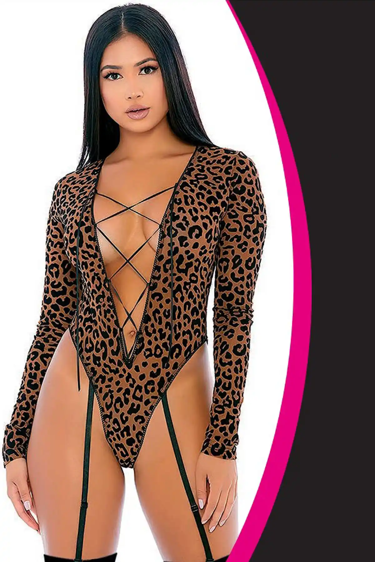 Kadın Leopar Desenli Tül Dekolteli İpli Fantezi Babydoll