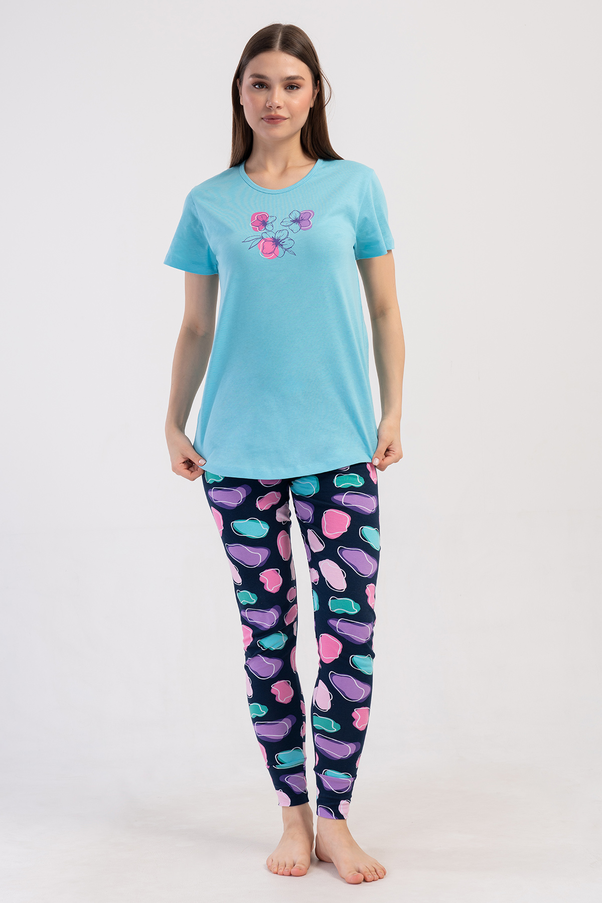 Kadın Likra Suprem O Yaka Kısa Kol Bluzu Uzun Tayt Pijama Takım