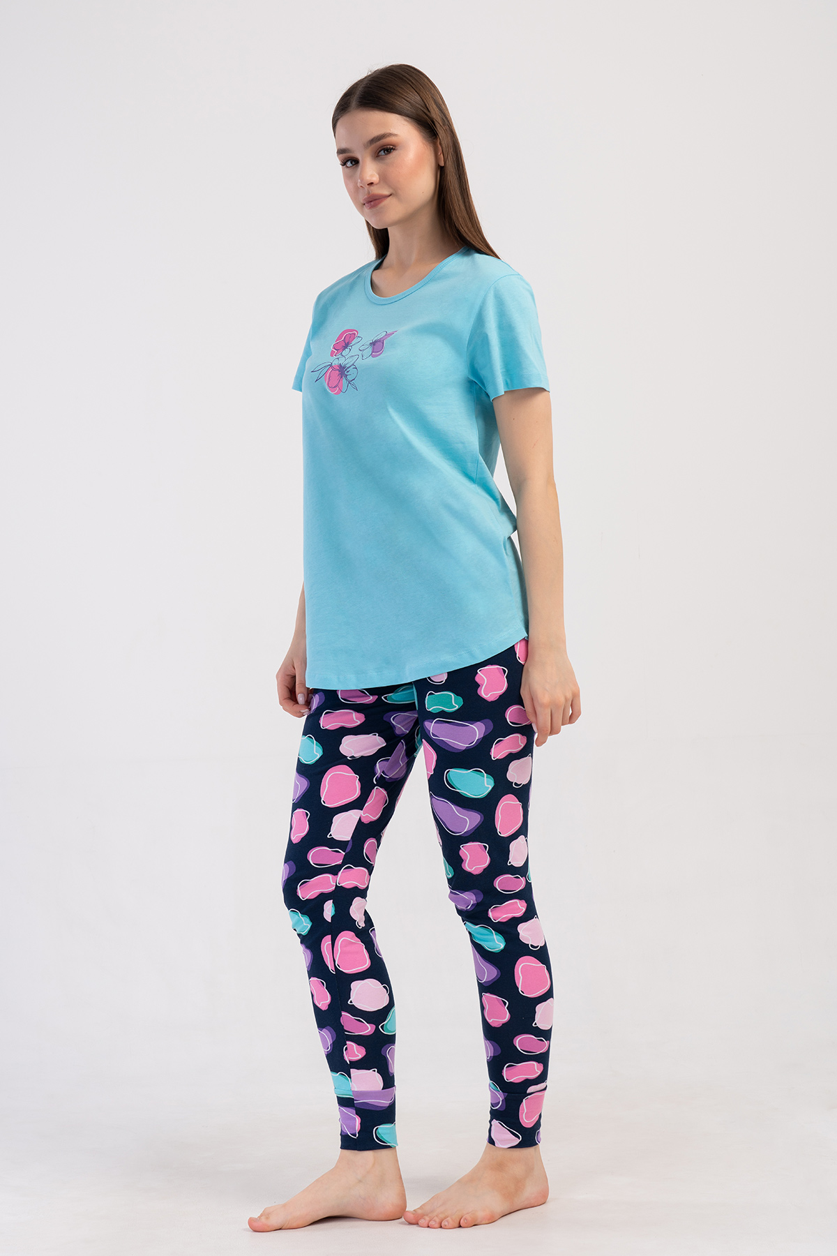 Kadın Likra Suprem O Yaka Kısa Kol Bluzu Uzun Tayt Pijama Takım