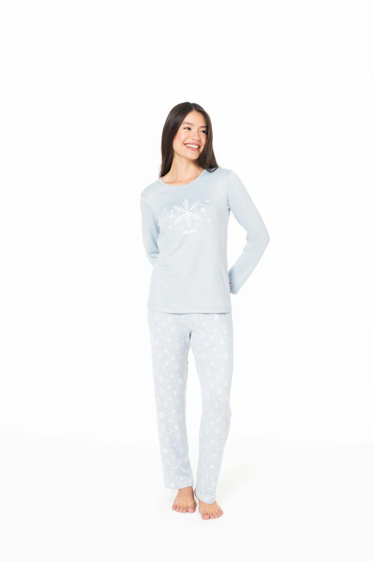 Mavi Pamuk Kar Tanesi Baskılı Kadın Pijama Takımı U.S. Polo Assn.