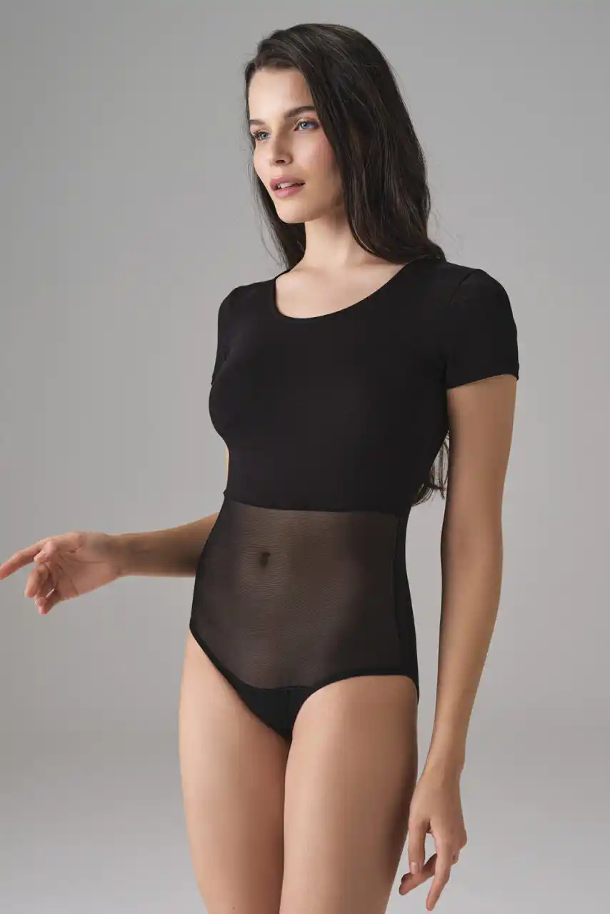 Kadın Modal Tül Detaylı Kısa Kol Siyah Body