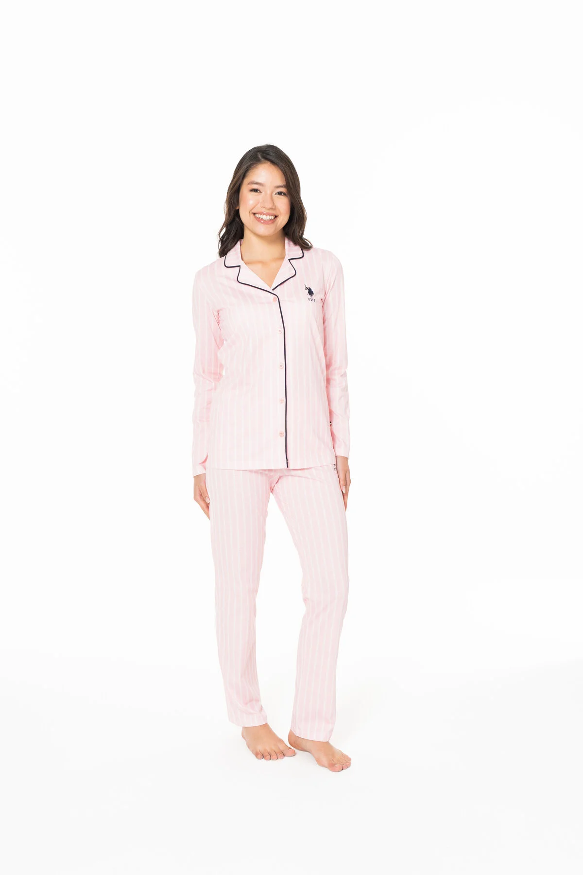 Pembe Pamuk Çizgili Düğmeli Kadın Pijama Takımı U.S. Polo Assn.