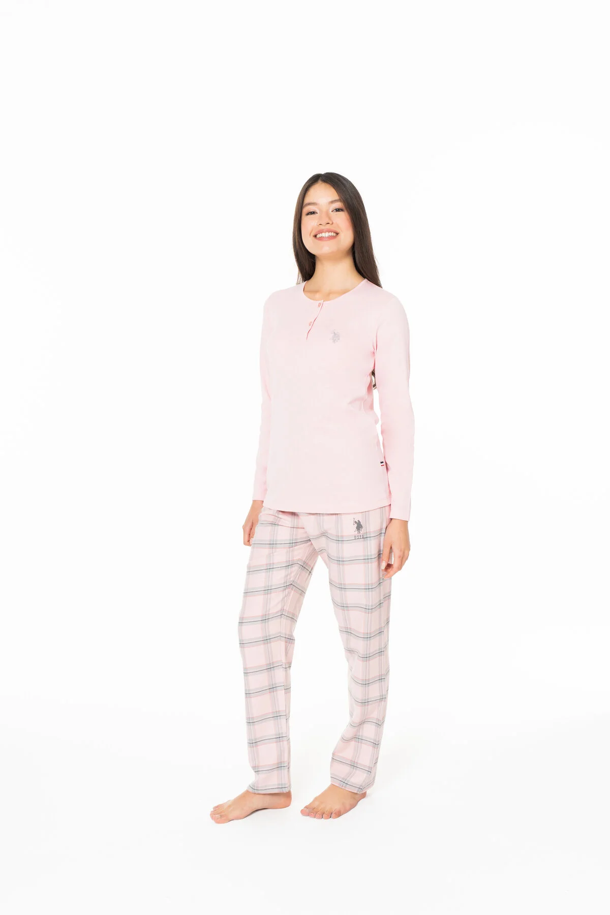 Pembe Pamuk Ekose Desenli Kadın Pijama Takımı U.S. Polo Assn.
