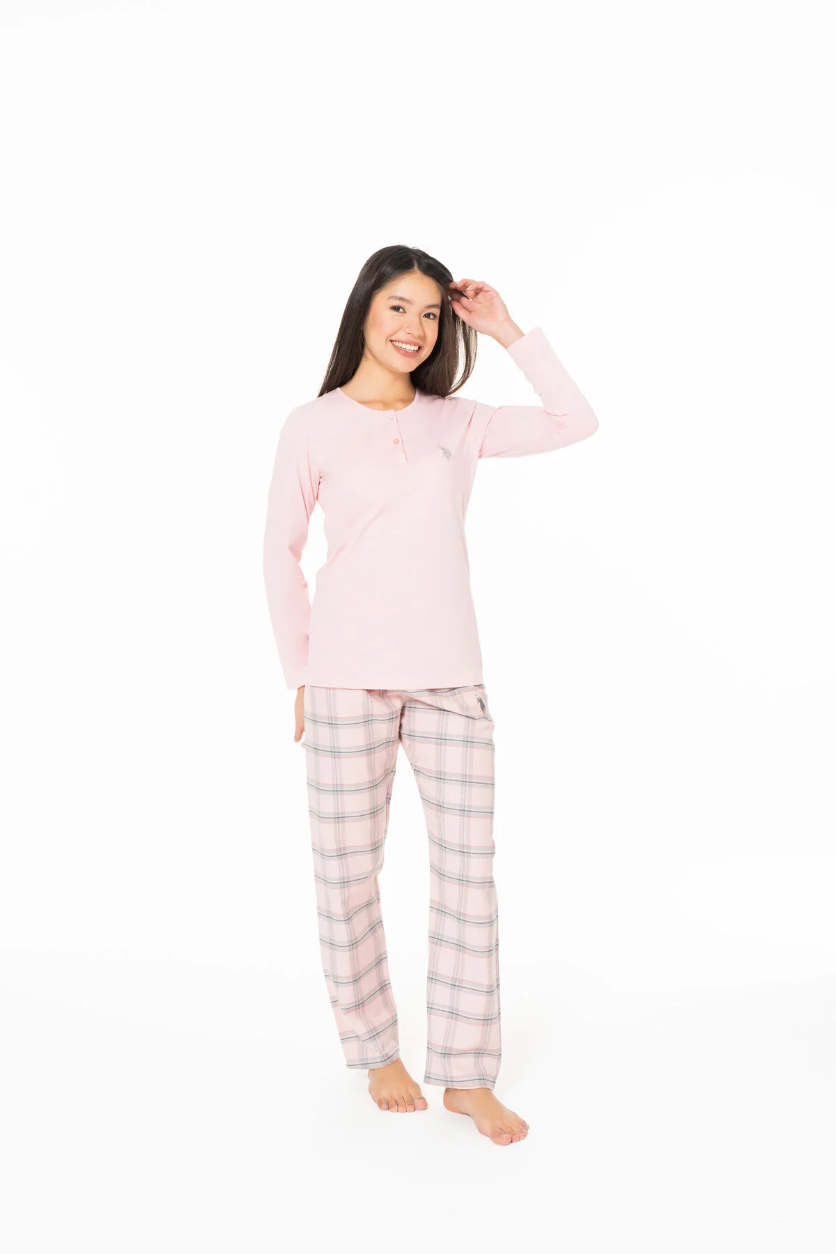 Pembe Pamuk Ekose Desenli Kadın Pijama Takımı U.S. Polo Assn.